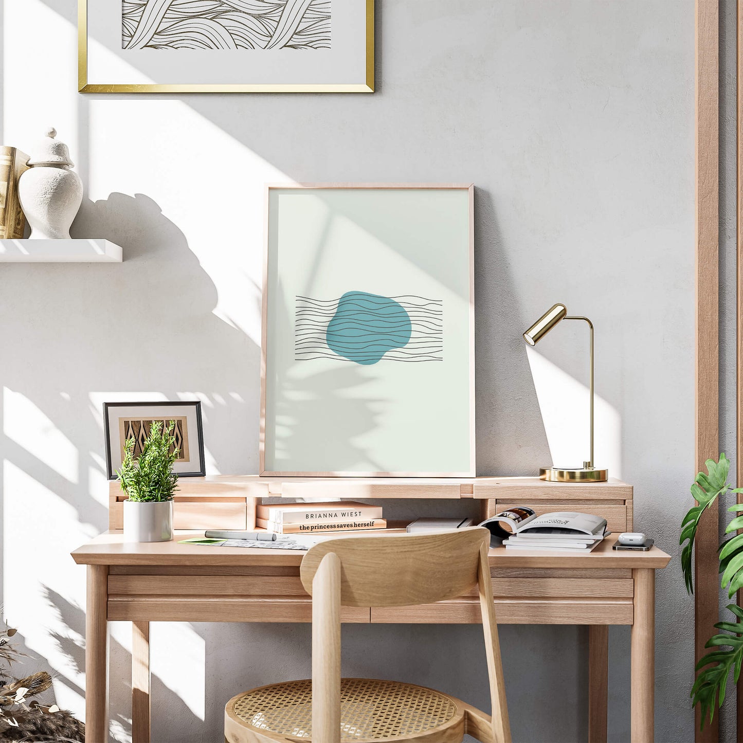 Aqua Harmony Print standing on a wooden desk, surrounded by natural light and indoor plants.