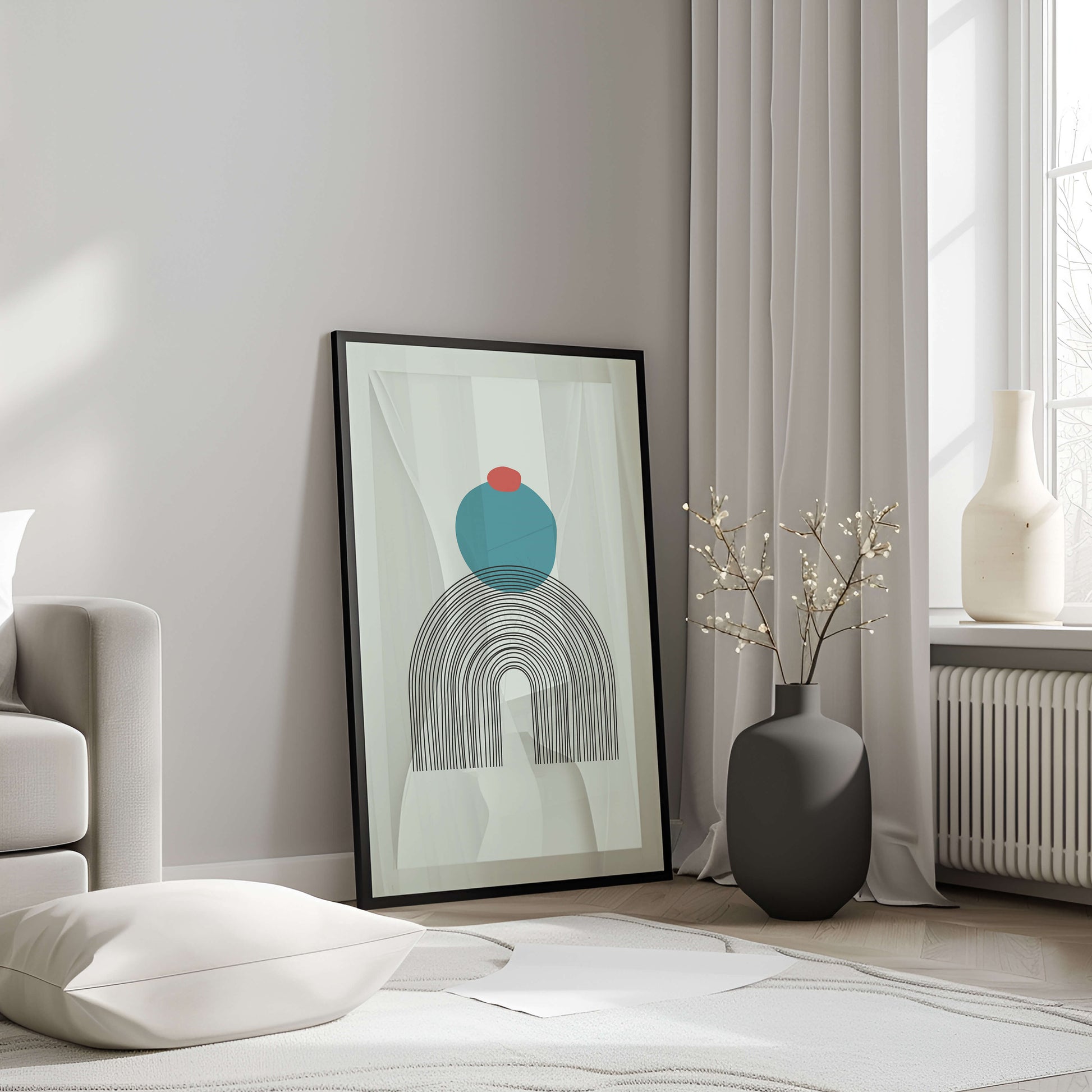 Arch Zenith Print in a sleek black frame, showcasing abstract arched lines with teal and red geometric shapes.