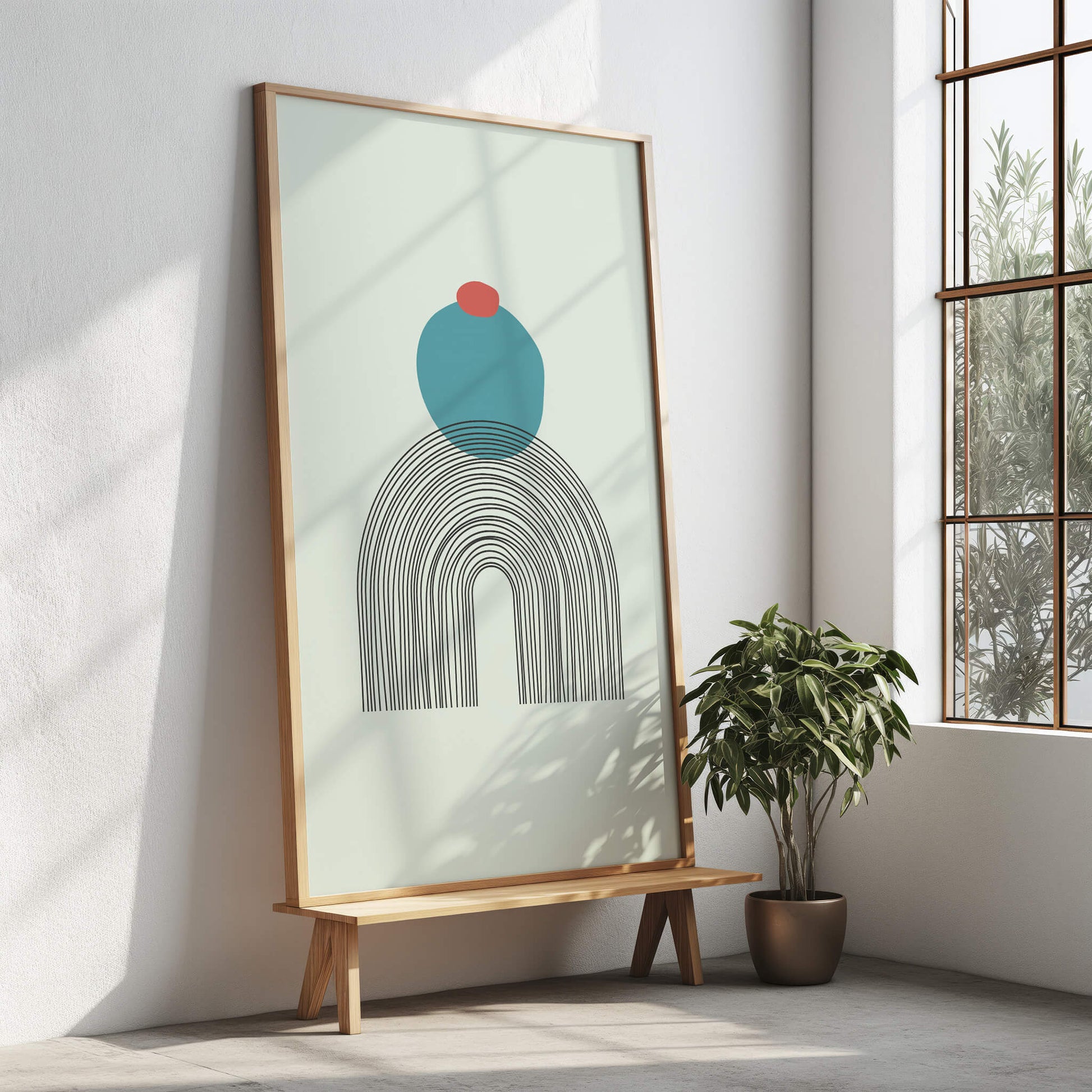 Arch Zenith Print in a large wooden frame on a stand, placed near a sunlit window with modern indoor plants.