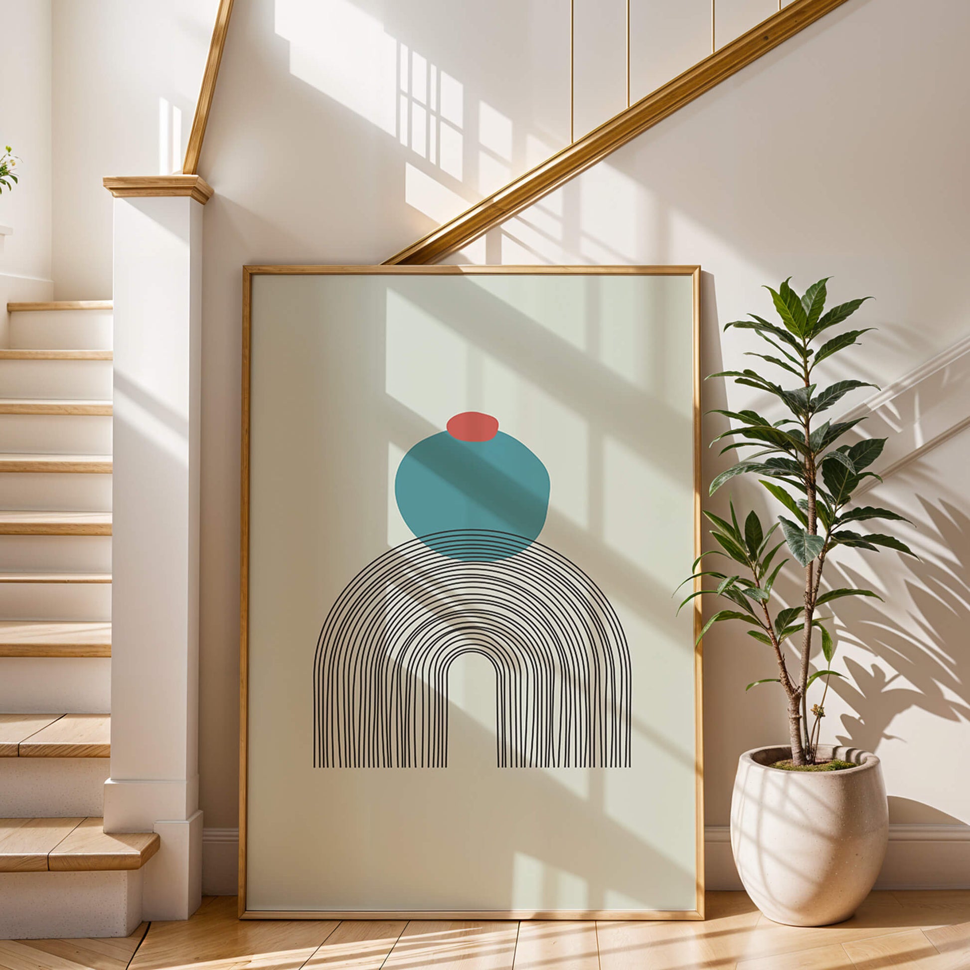 Arch Zenith Print framed and leaning against a staircase wall, complemented by soft natural light and a potted plant.