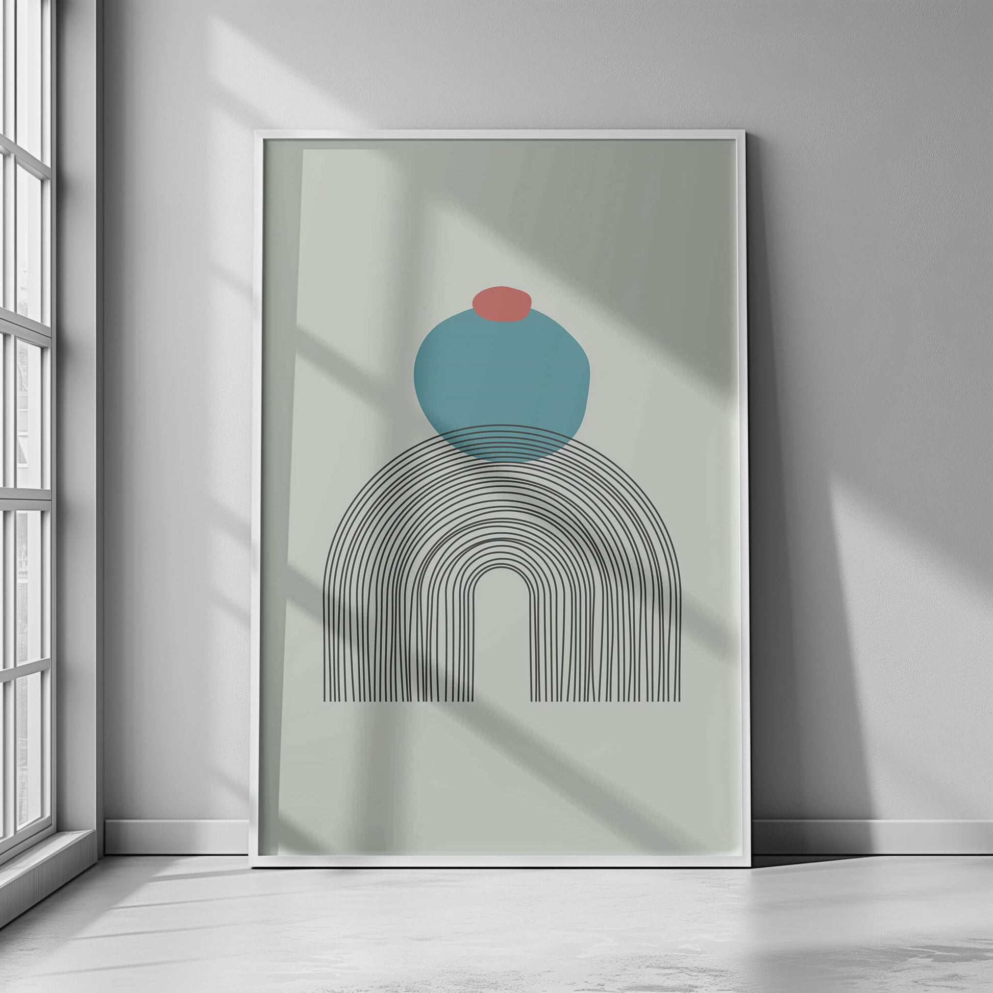 Arch Zenith Print in a white frame, displayed by large windows with bright natural light highlighting its abstract design.