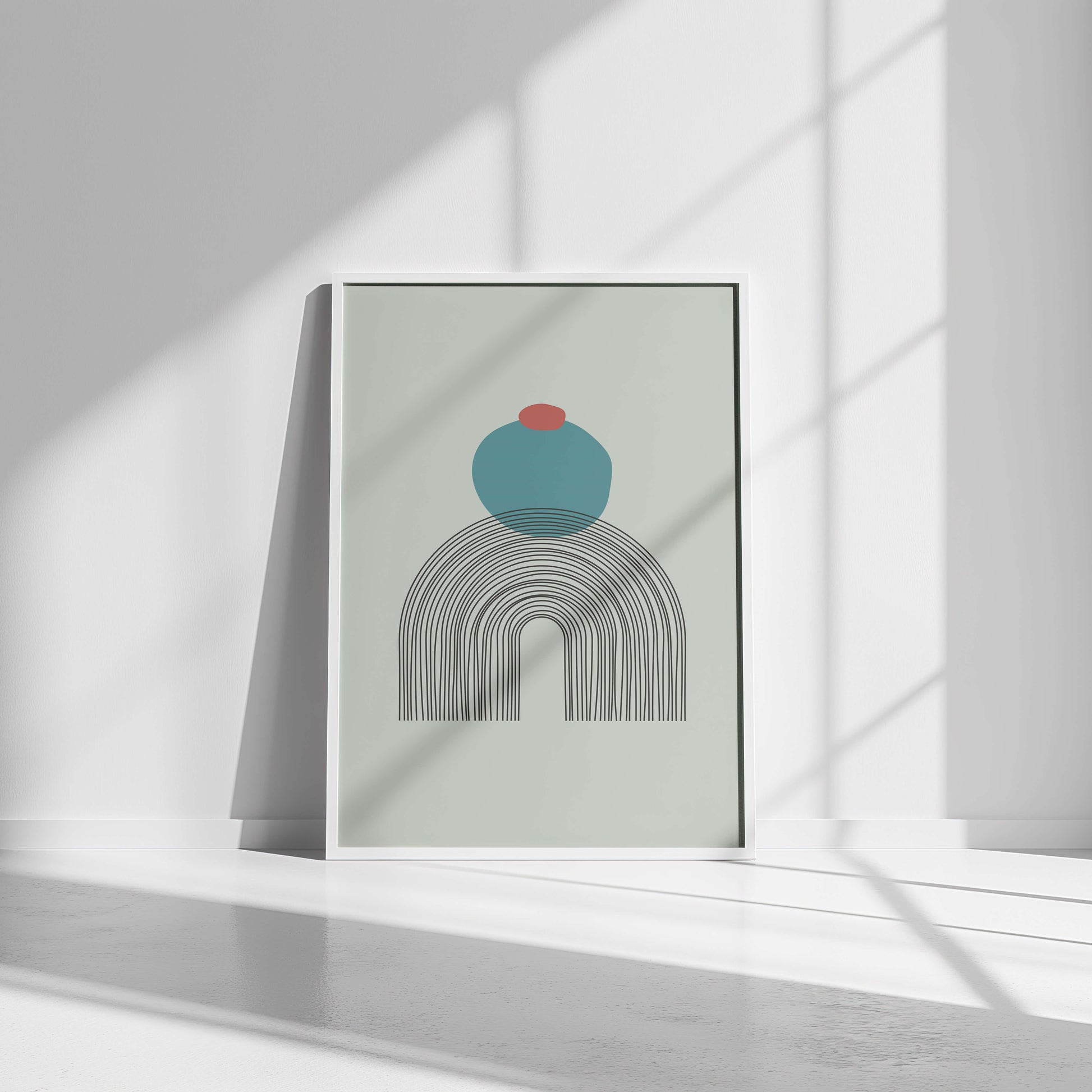 Arch Zenith Print in a white frame, ready to hang, featuring bold black arch lines with teal and red accents.