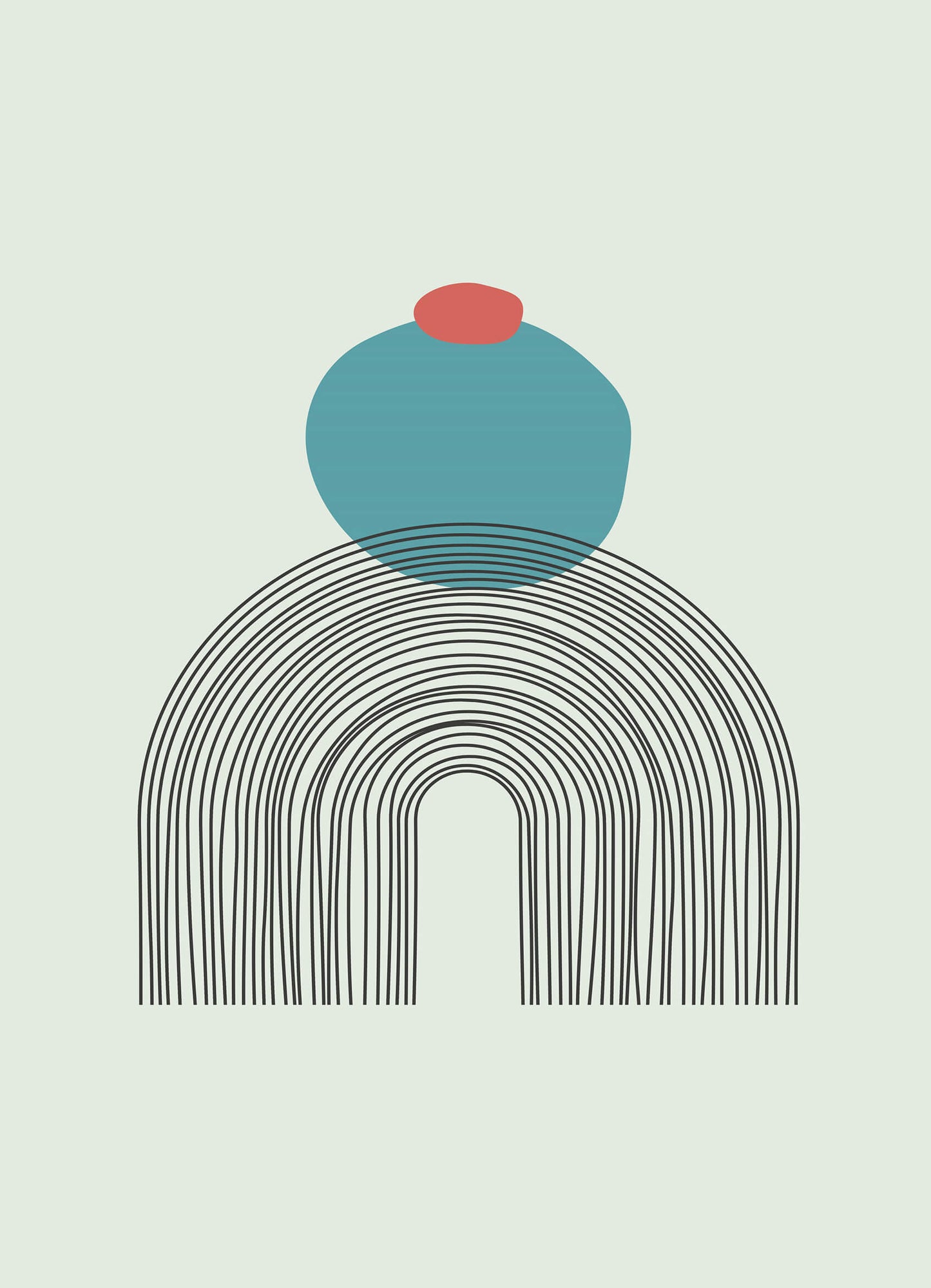 Arch Zenith Print featuring a black arched line pattern with teal and red abstract shapes on a light background.