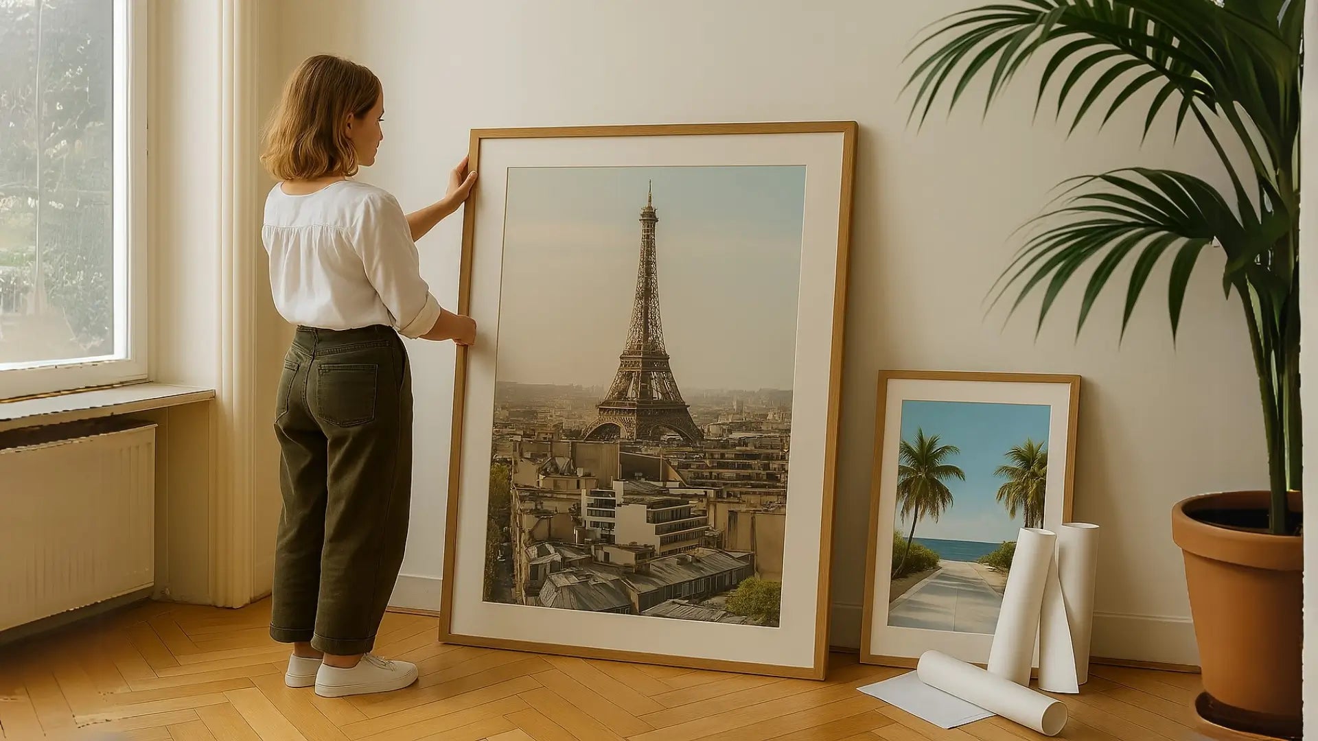 Artspot Travel Prints Collection displayed in a bright Irish interior. A woman arranges a large framed Eiffel Tower wall art print beside a tropical beach scene, surrounded by rolled prints and potted plants. The natural light and wooden flooring evoke a warm, modern home gallery feel.