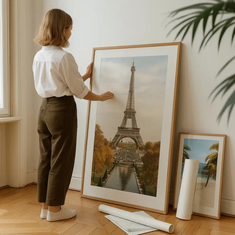 Artspot Travel Prints Collection displayed in a bright Irish interior. A woman arranges a large framed Eiffel Tower wall art print beside a tropical beach scene, surrounded by rolled prints and potted plants. The natural light and wooden flooring evoke a warm, modern home gallery feel.