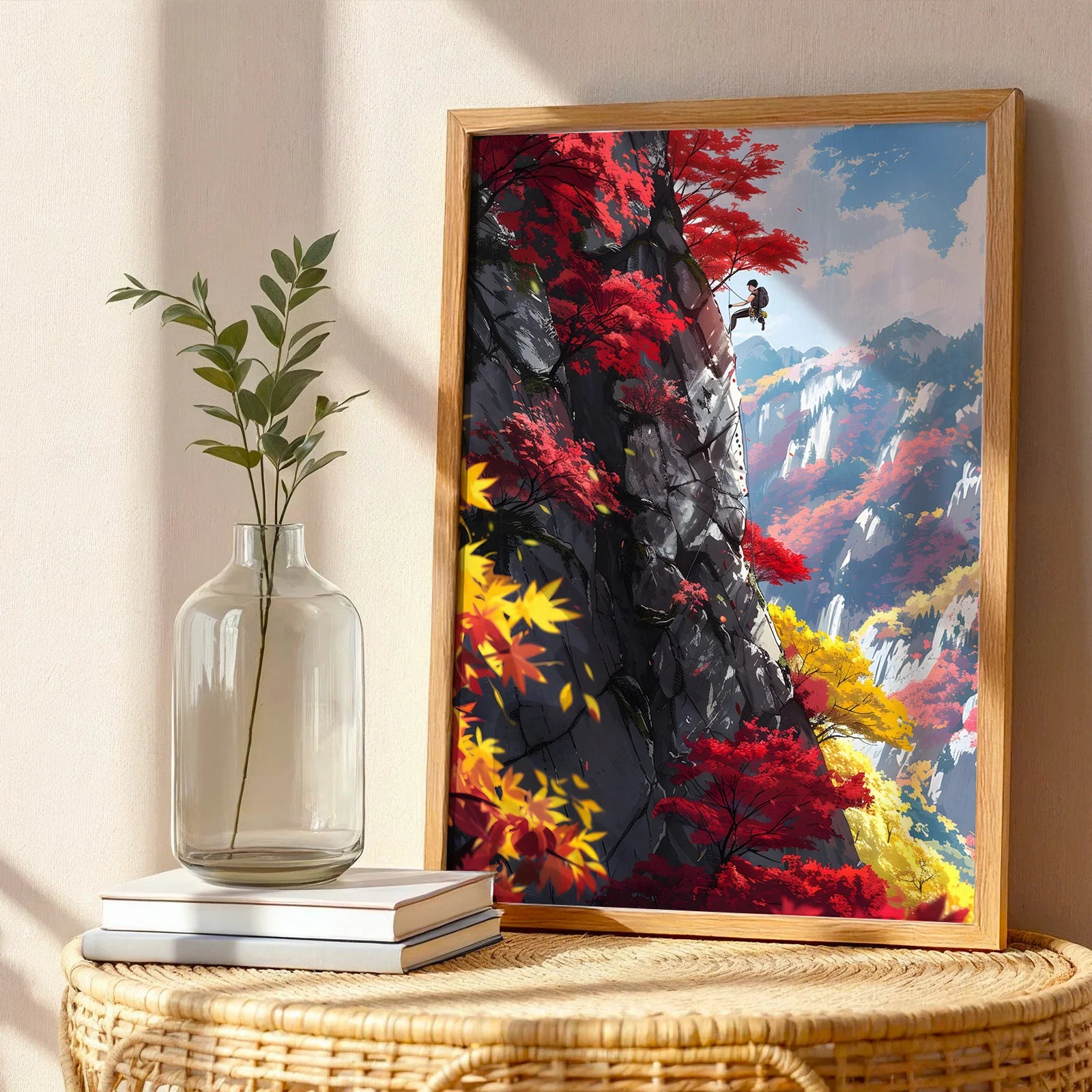 Fantasy art of a climber scaling a cliff with autumn colors.
