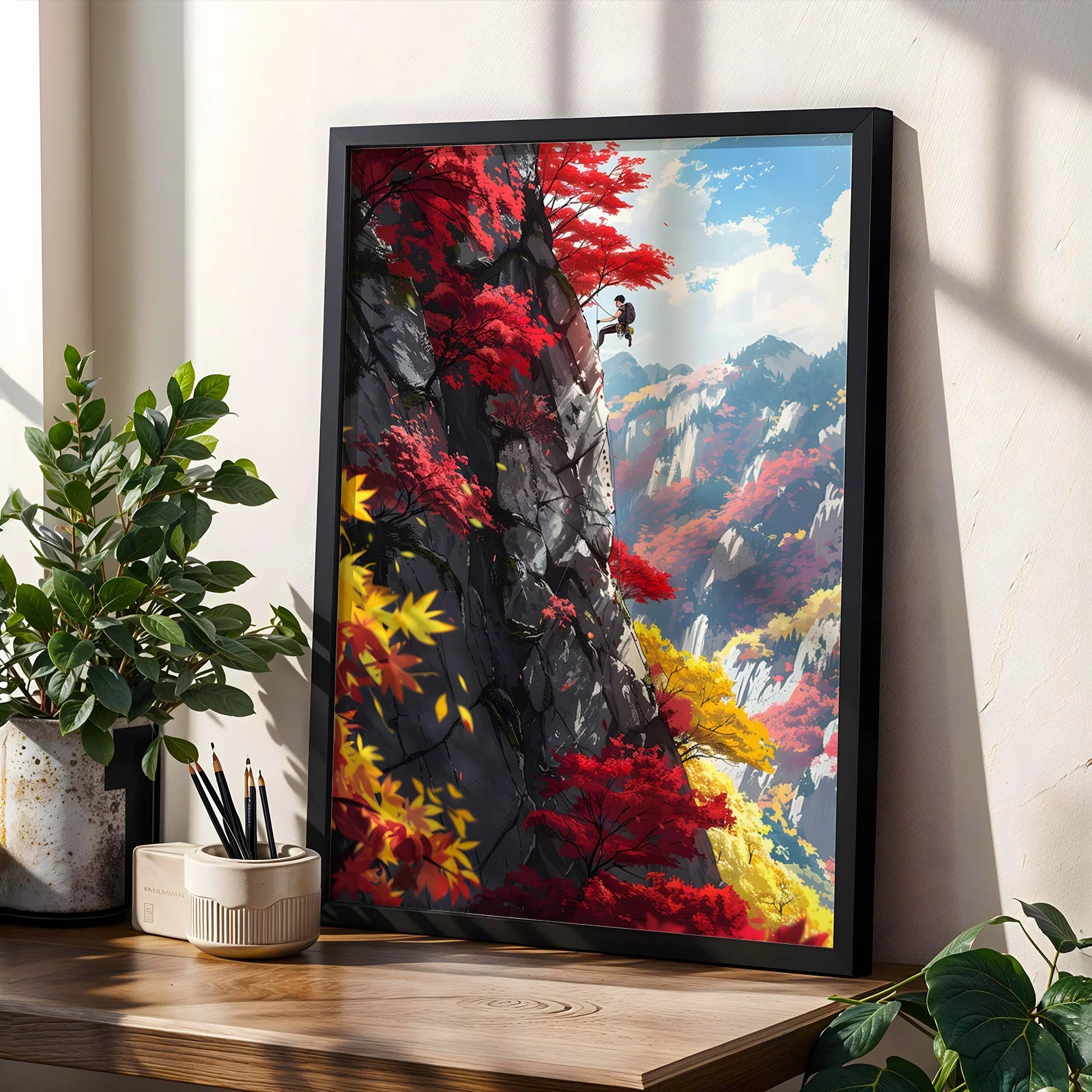 Anime style climber on a rocky cliff with autumn leaves.
