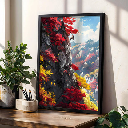 Anime style climber on a rocky cliff with autumn leaves.
