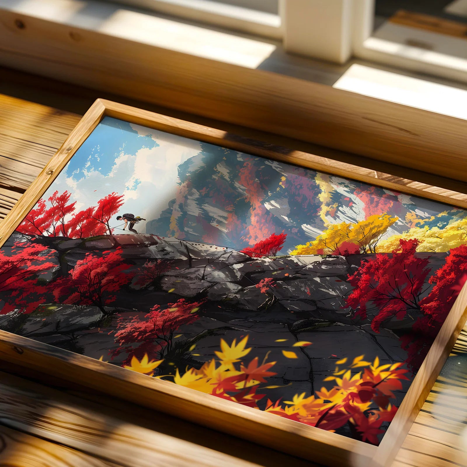 Vivid painting of a climber in a colorful autumnal mountain range.
