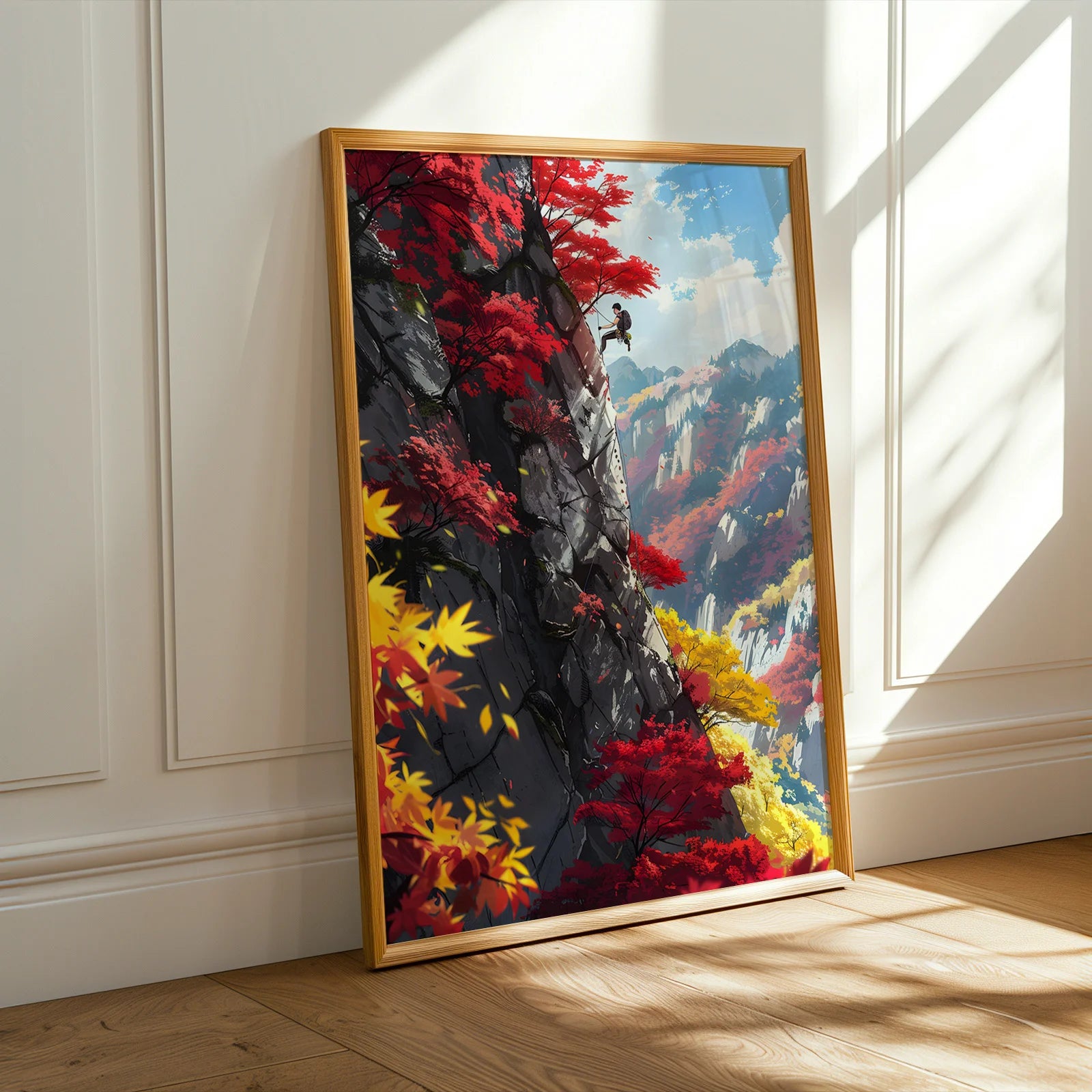 Stylized mountain scene with a climber and red maple trees.
