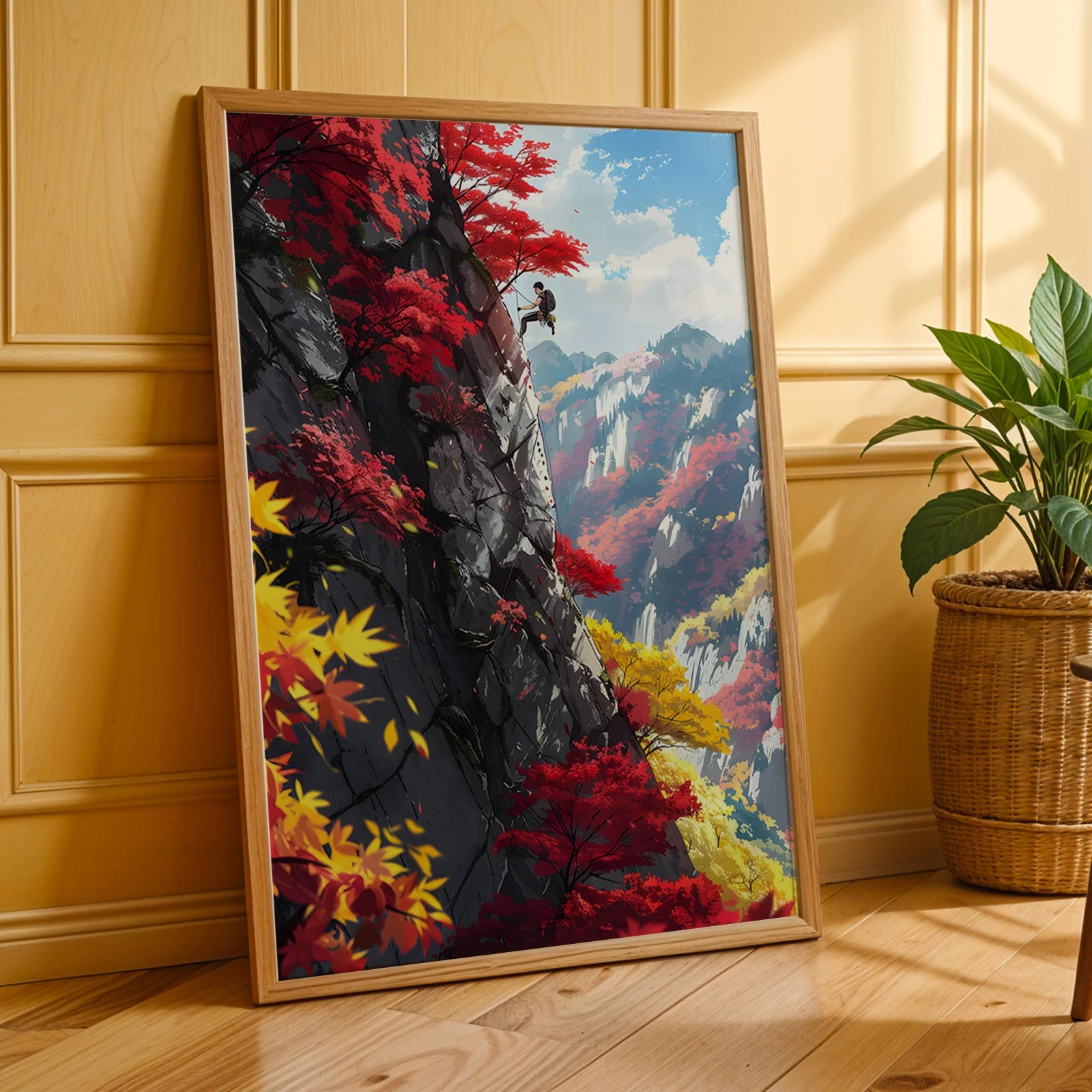 Digital art of a lone climber in a vibrant fall landscape.
