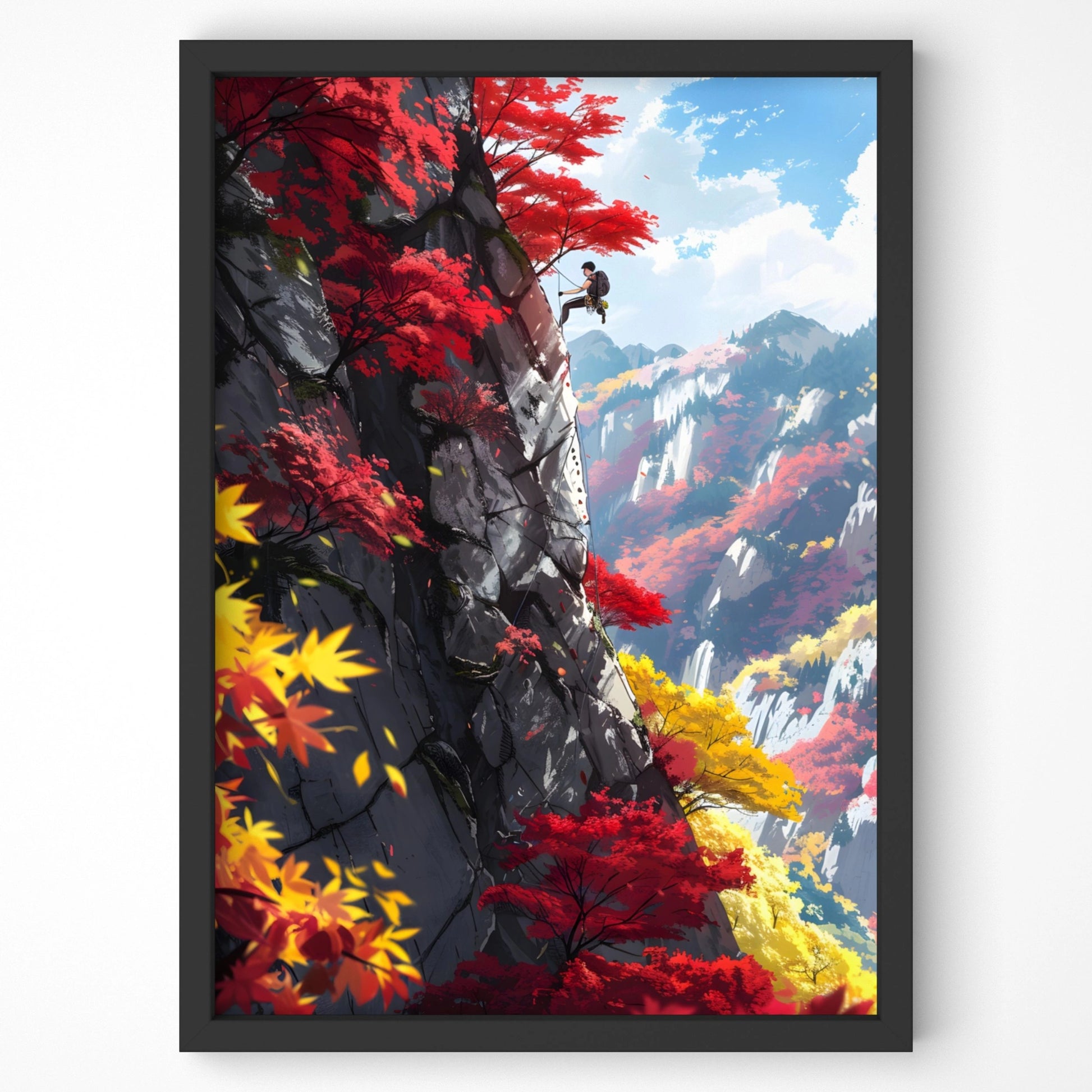 Dynamic digital art of a climber on a cliff with fall foliage.