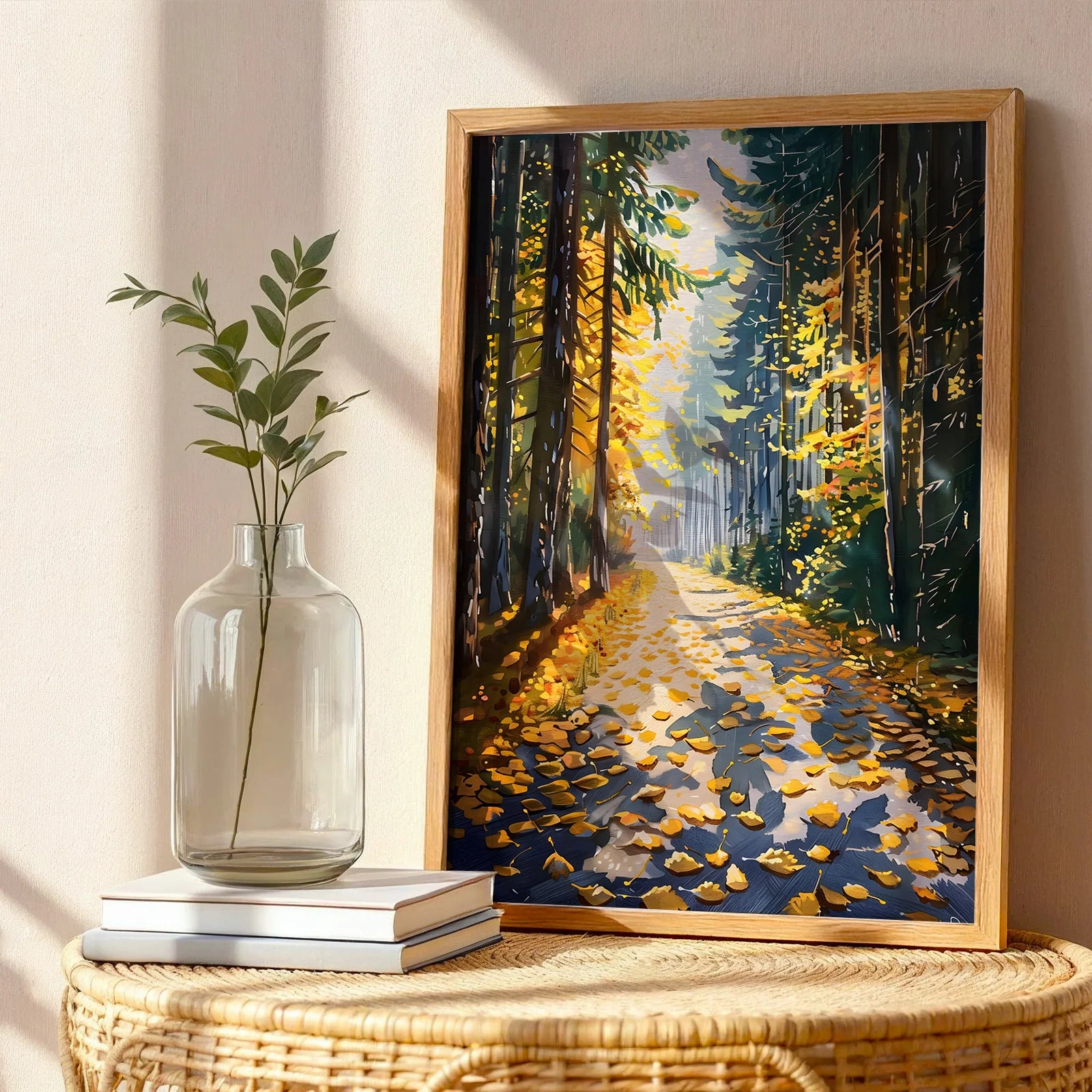 Warm and inviting autumn woods landscape print
