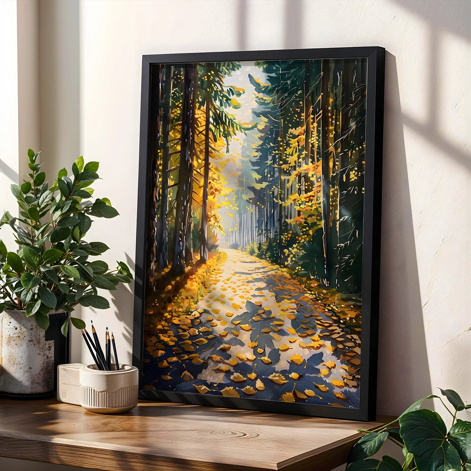 Serene forest path artwork in autumnal colors
