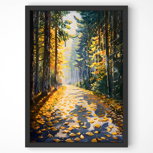 Painterly autumn landscape print with golden leaves