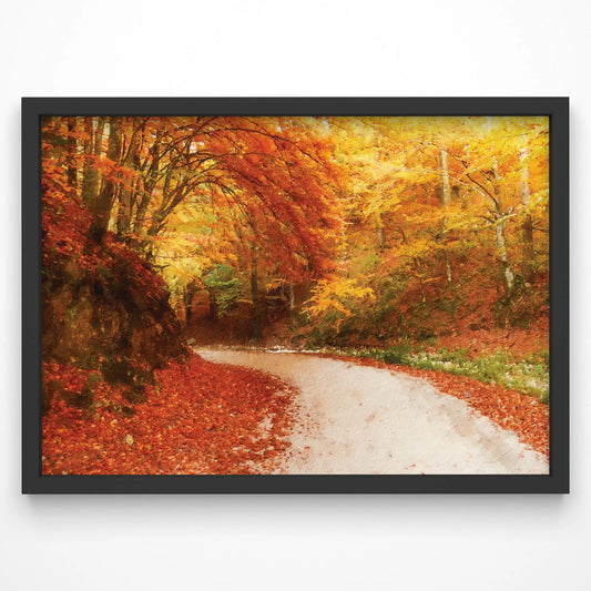 Autumn forest path art print with golden sunlight and textured painted foliage.