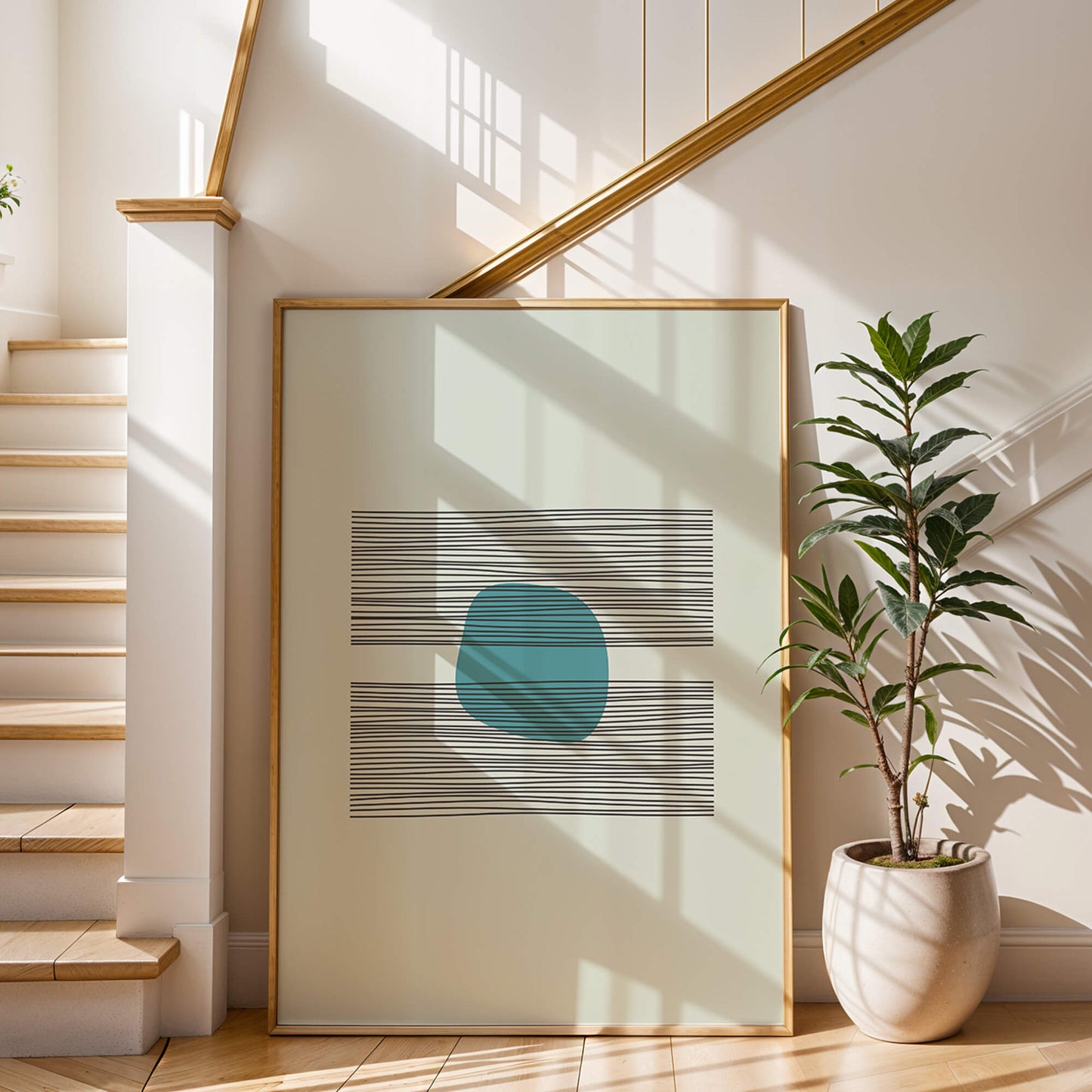 Azure Balance Print framed in light wood, leaning against a staircase with sunlight casting soft shadows.