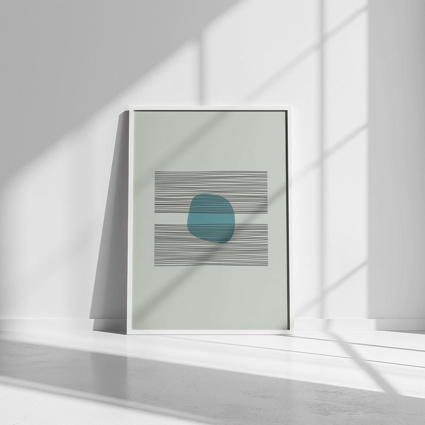 Azure Balance Print in a white frame, placed in a bright room with minimalist design and large windows