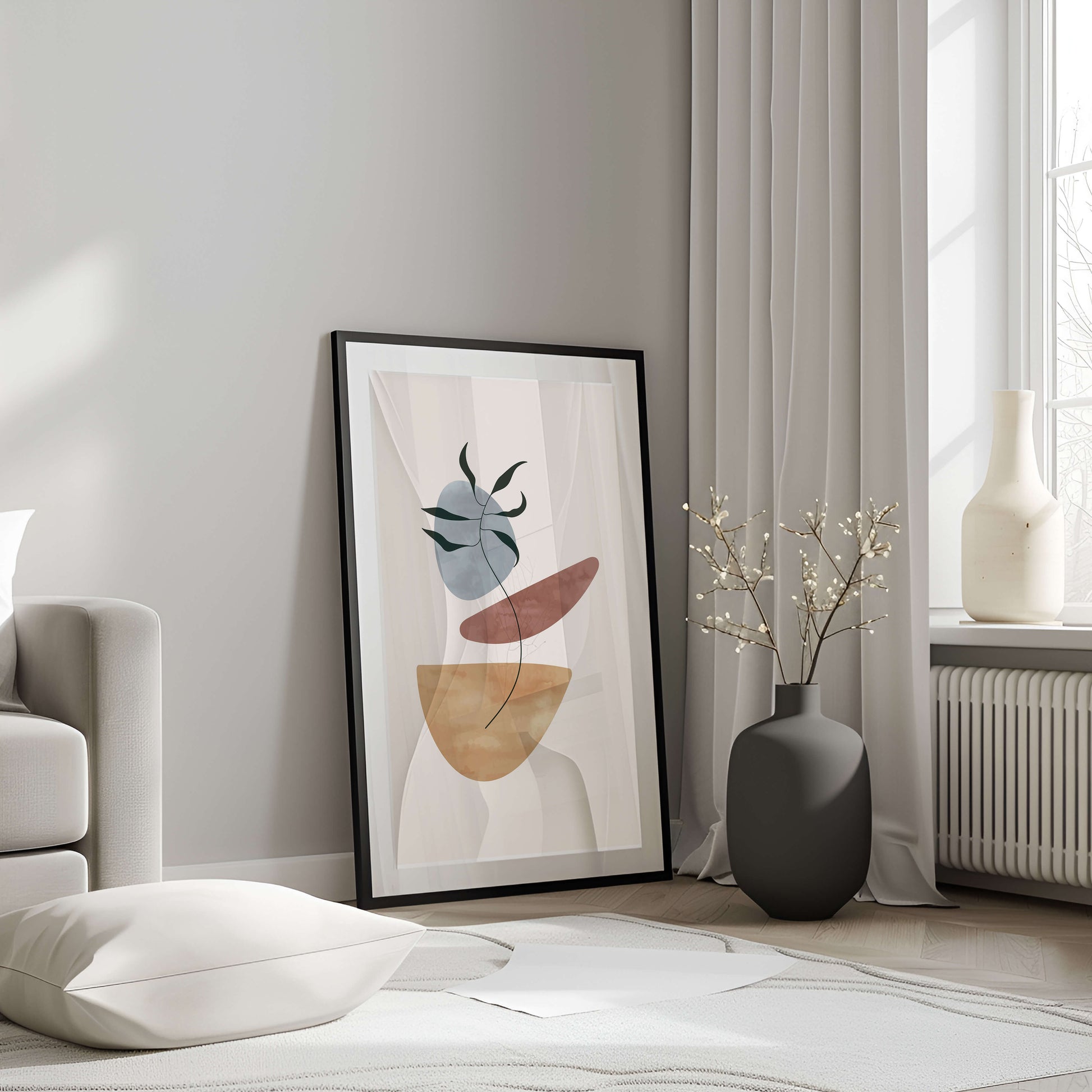 Framed balanced palm print leaning against a grey wall with natural light highlighting its minimalist design.
