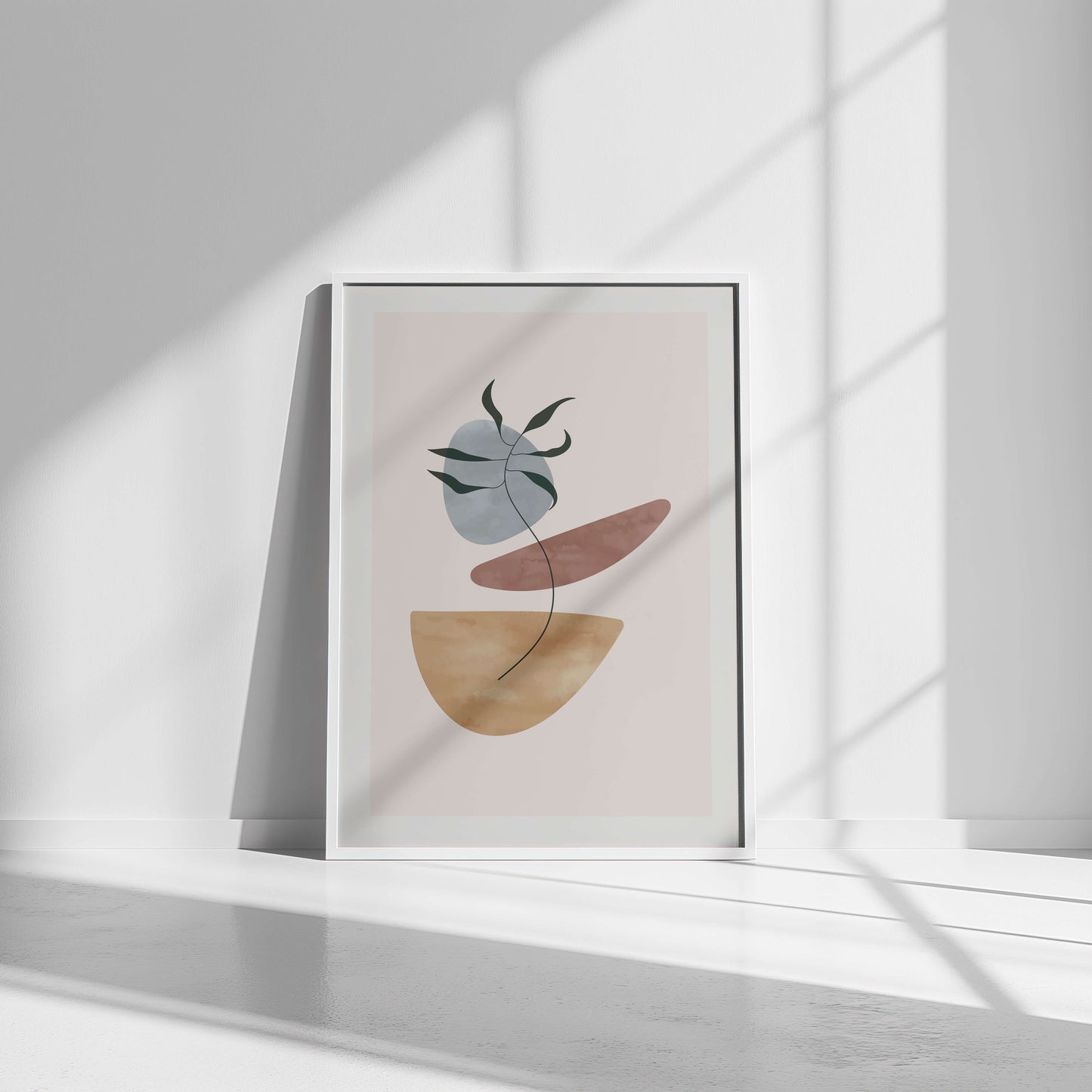 Balanced palm print with a white frame, styled to hang in a bright minimalist space.
