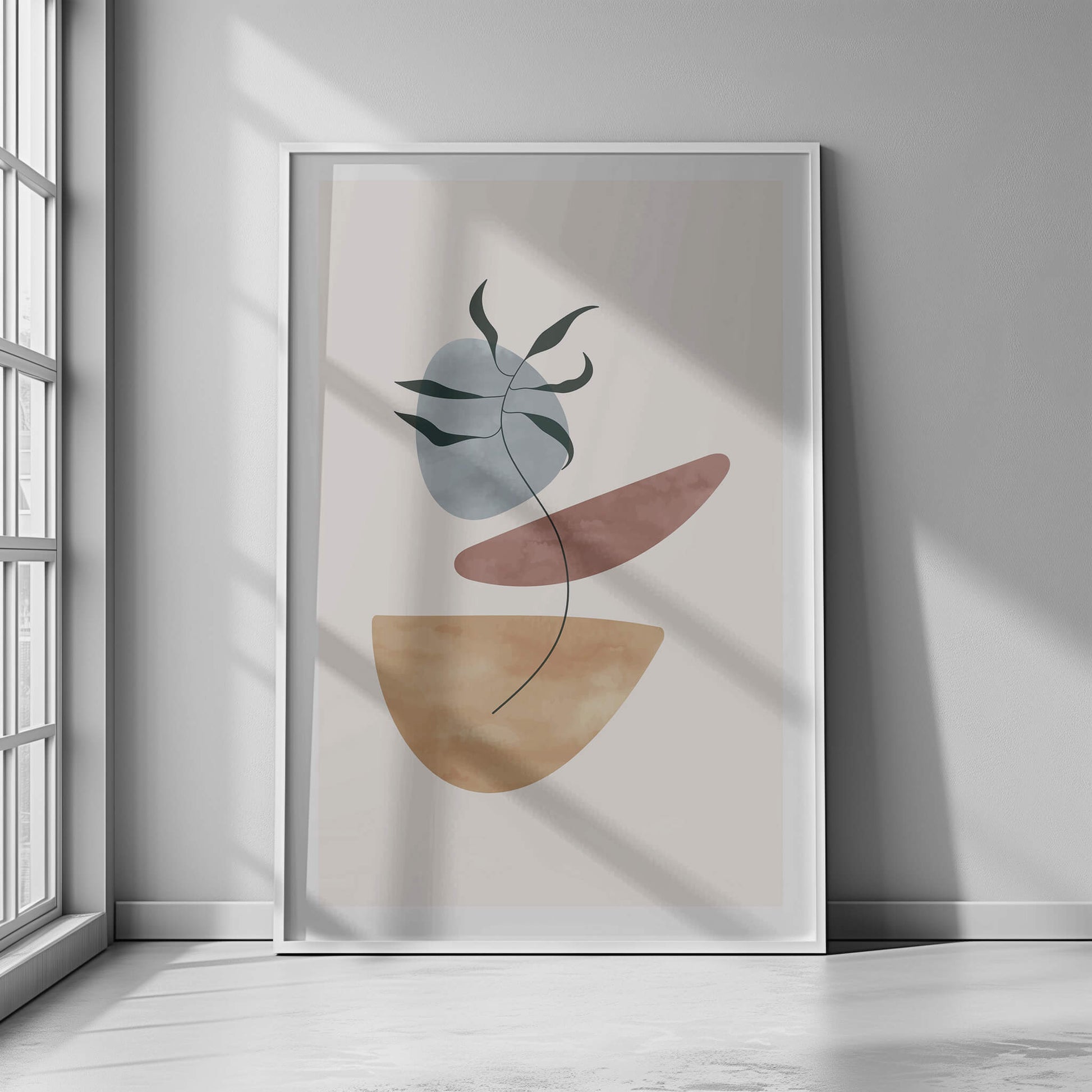 White-framed palm abstract print displayed under natural light, creating soft shadows.
