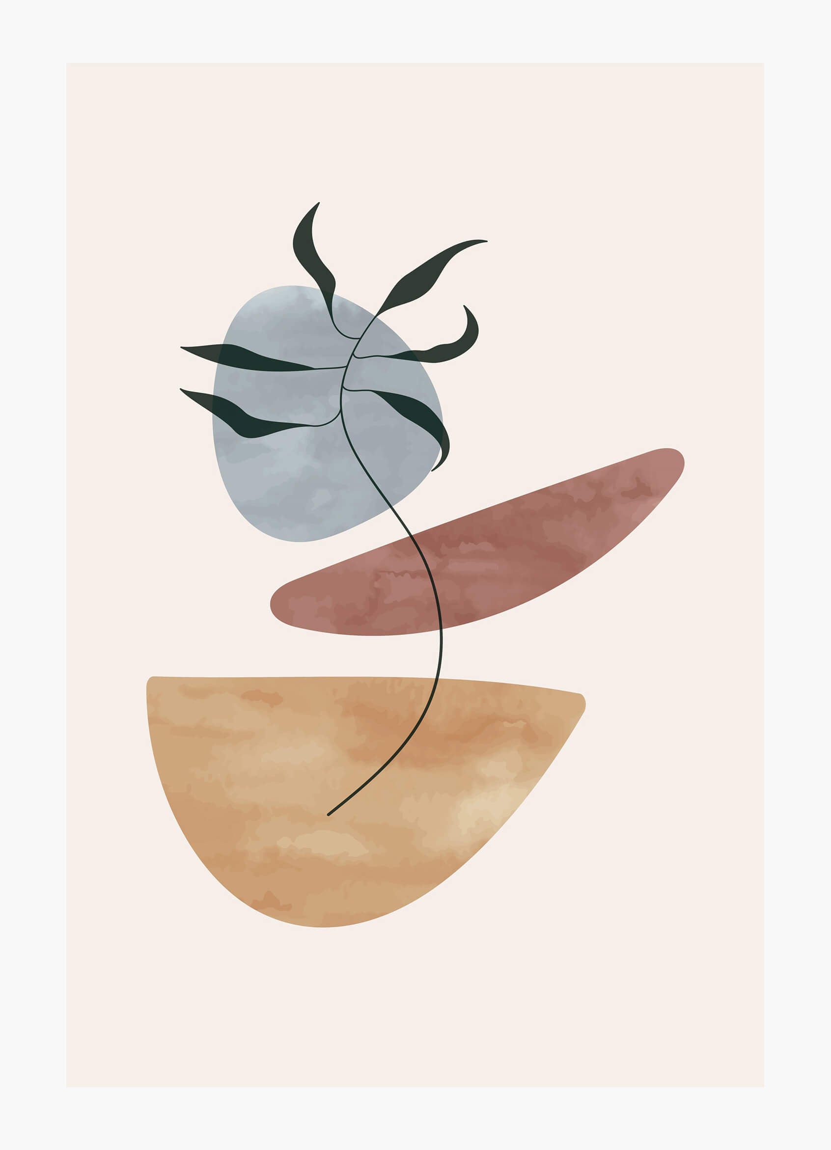 Balanced palm leaf with abstract shapes in earthy tones, perfect for modern wall decor.
