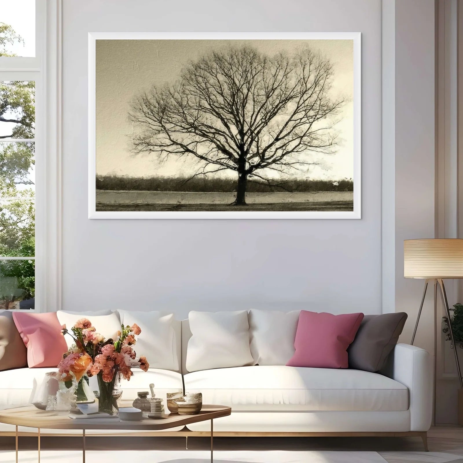 Winter tree artwork featuring intricate branches and a pale horizon.