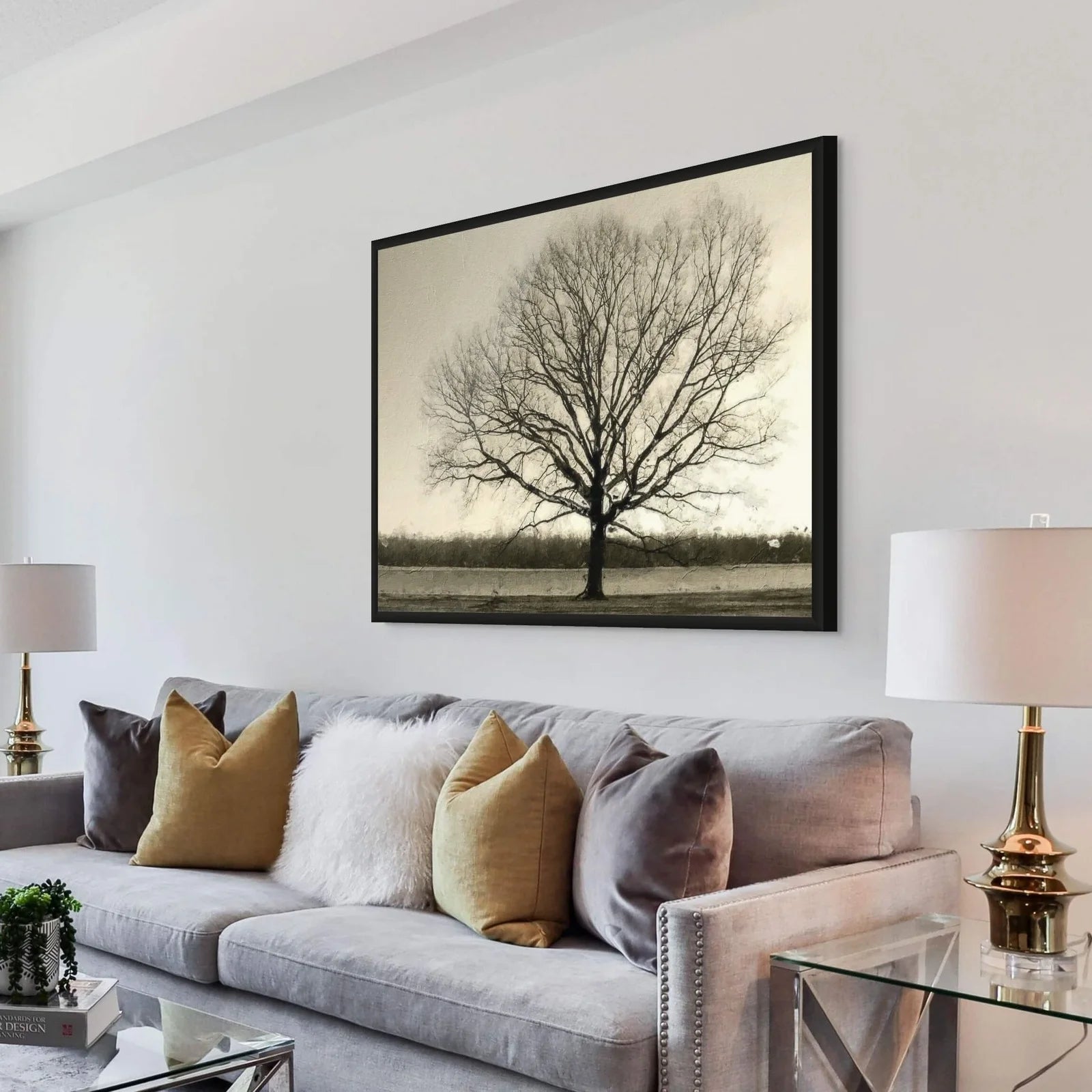 Minimalist monochrome tree silhouette print with contrasting tones.