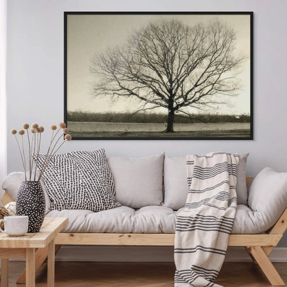 Dramatic bare tree print in monochromatic nature-inspired style.