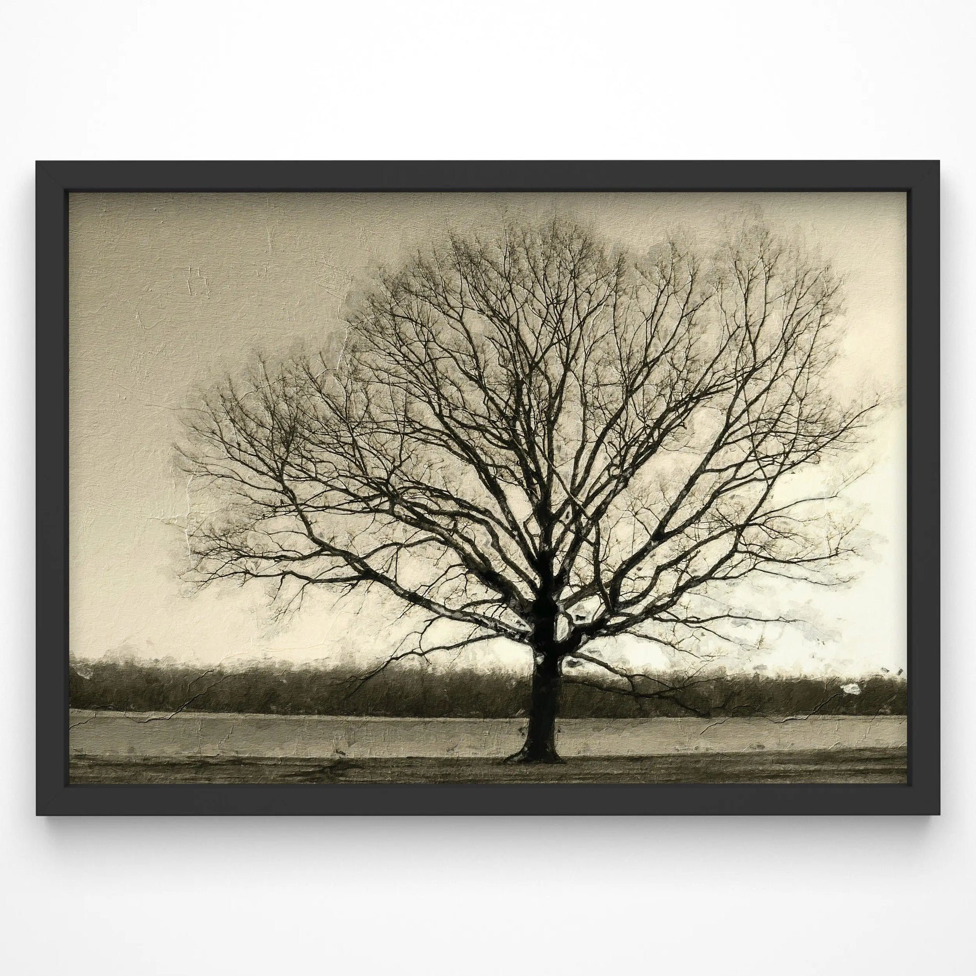 Bare tree art print with stark black branches against a muted winter sky.