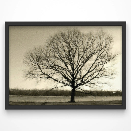 Bare tree art print with stark black branches against a muted winter sky.