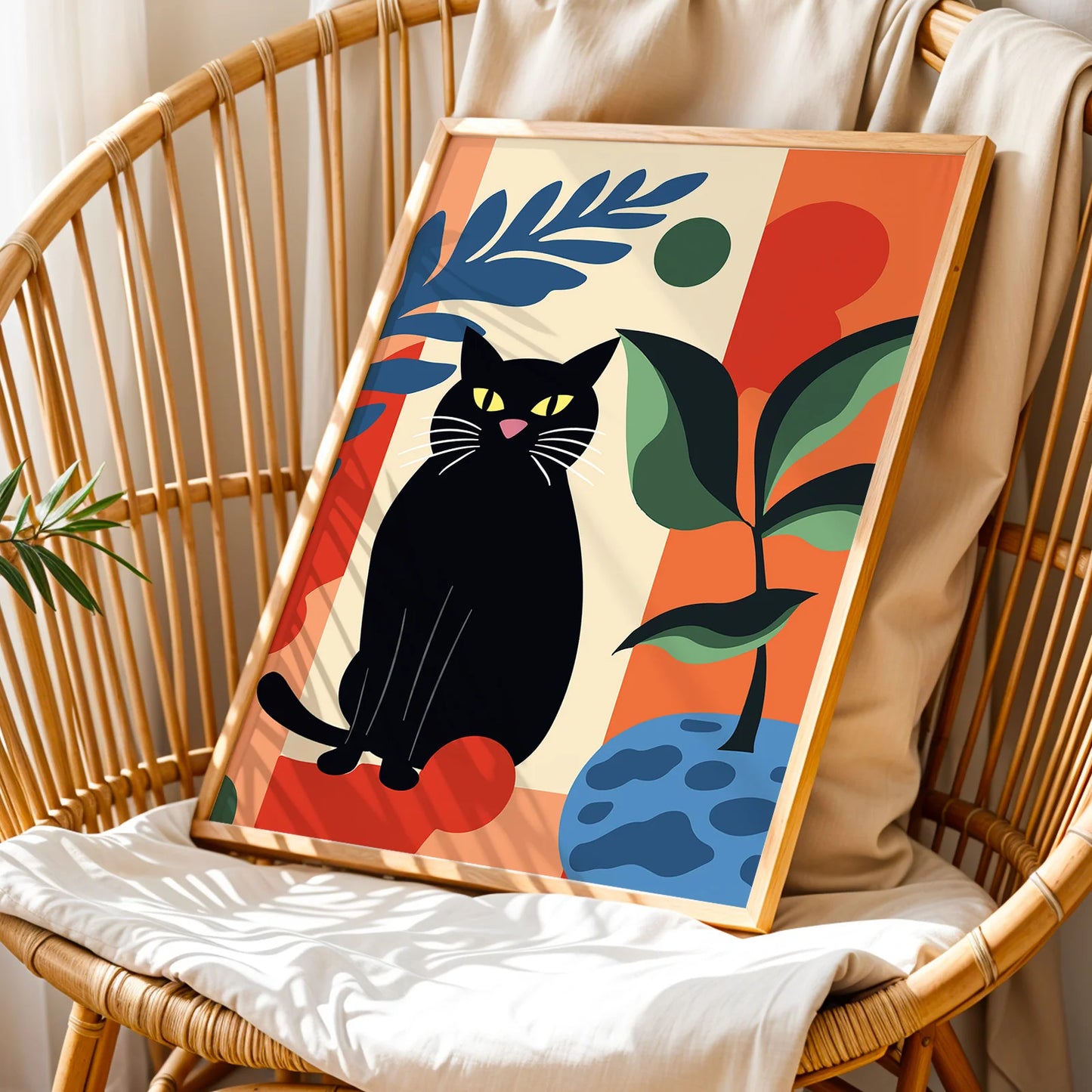 Graphic design print of a black cat with geometric shapes and foliage.
