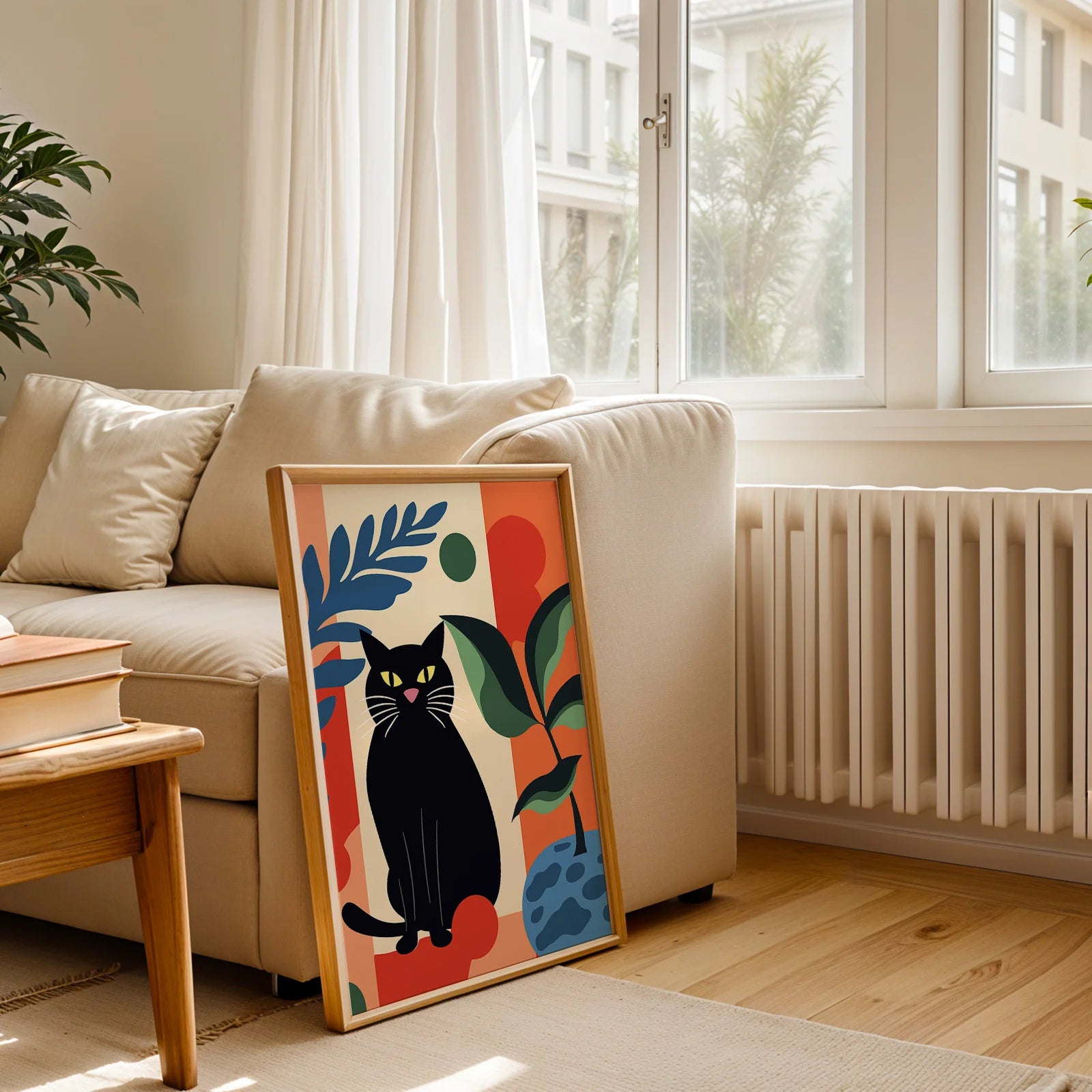 Contemporary animal art featuring a black cat and bold colors.
