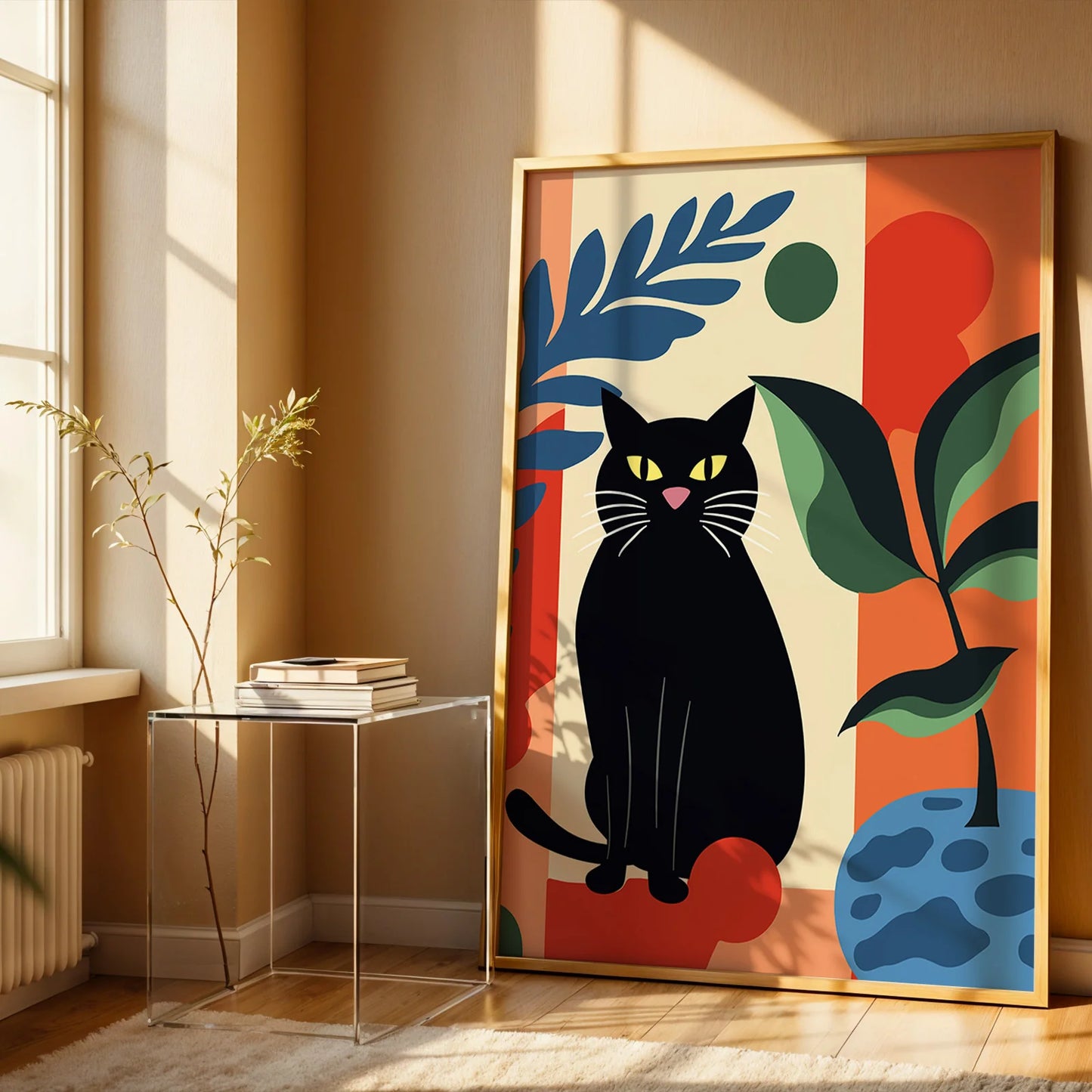 Whimsical black cat artwork with vibrant plant illustrations.
