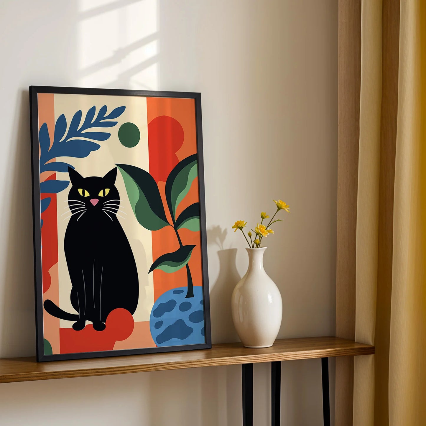 Contemporary animal art featuring a black cat and bold colors abstract botanical print.
