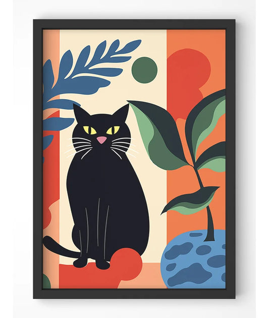 Modern illustration of a black cat with botanical elements.
