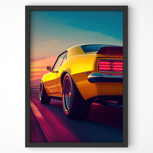 Chevrolet Camaro Wall Art – Classic American Muscle Car Print, in Black Frame Close up on Wall