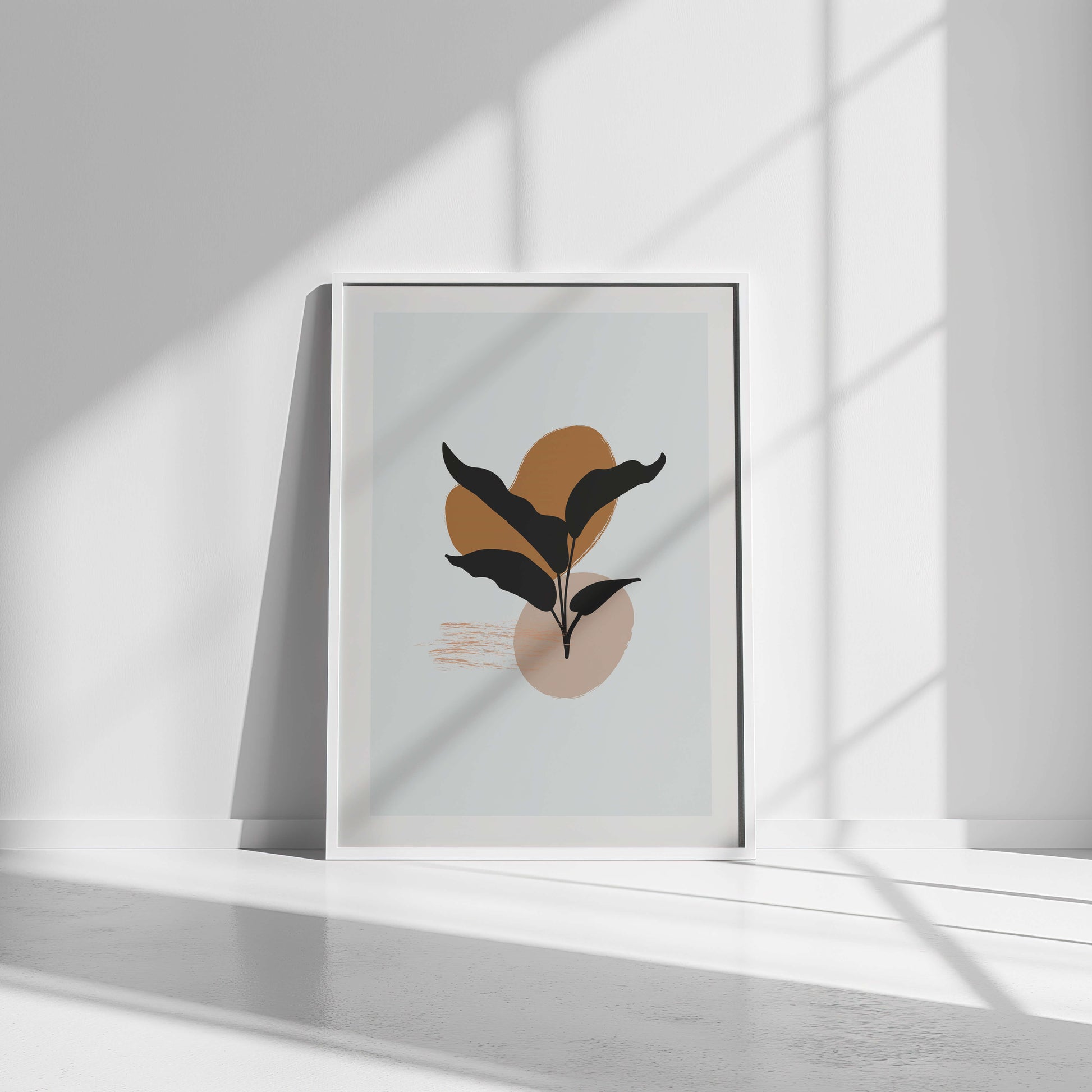 Black leaf abstract print in a white frame, ready to hang in a minimalist space with natural lighting.
