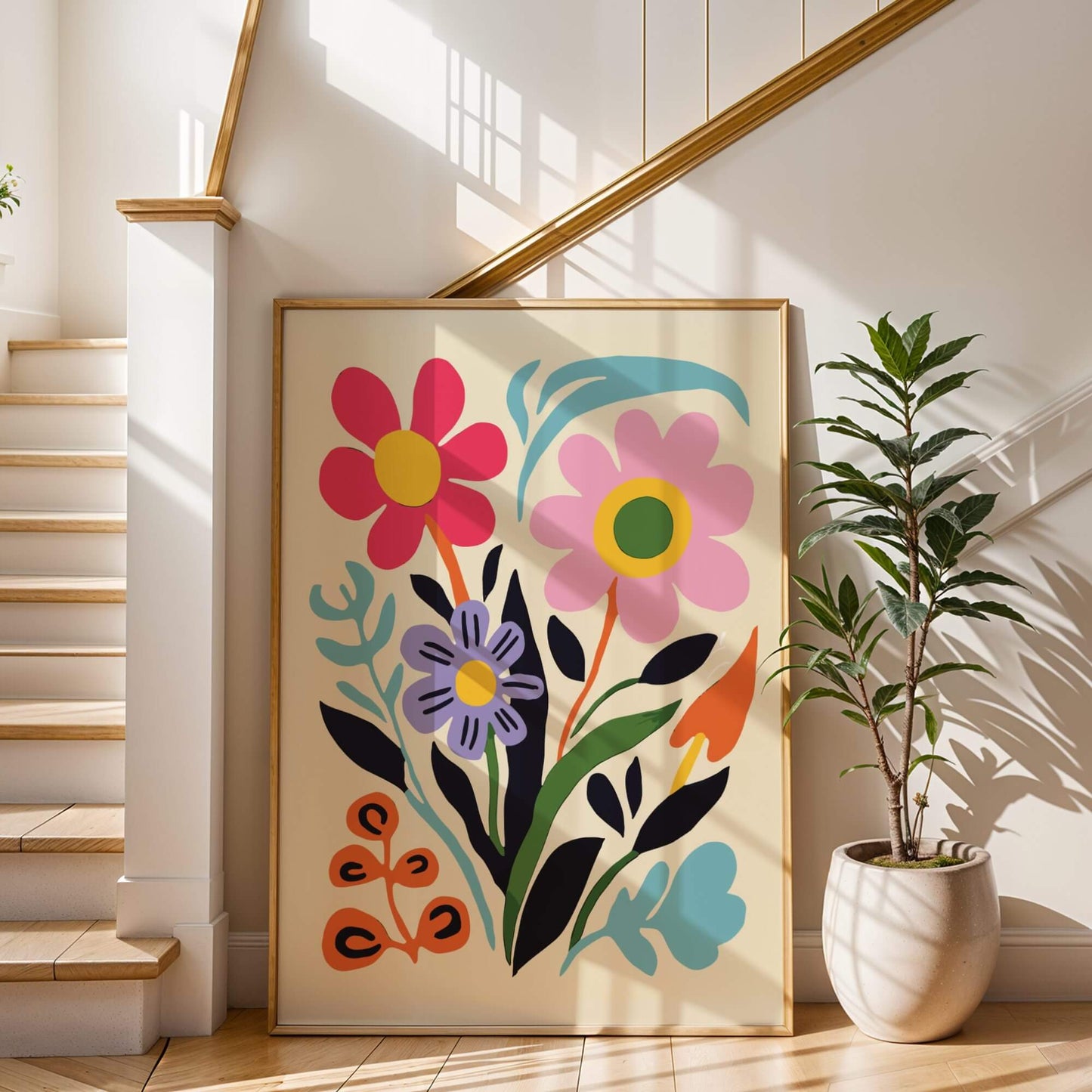 Large Bloom Joy Print styled beside a staircase, adding a lively, colorful accent to the space.
