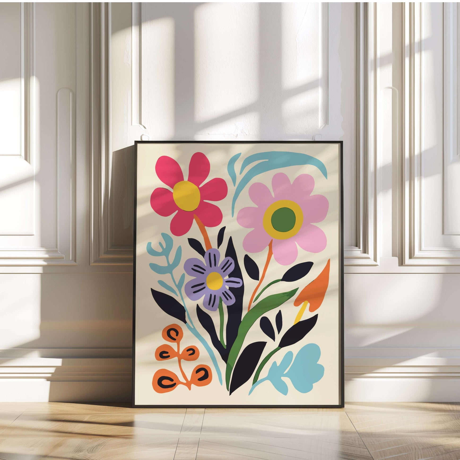 Bloom Joy Print ready to hang in a bright room, featuring playful floral elements and dynamic shapes.
