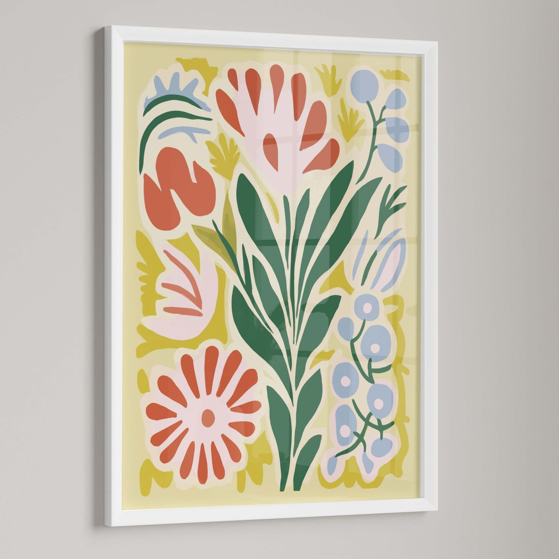 Close-up of the Blooming Harmony Print showcasing bold botanical shapes and vivid colors.
