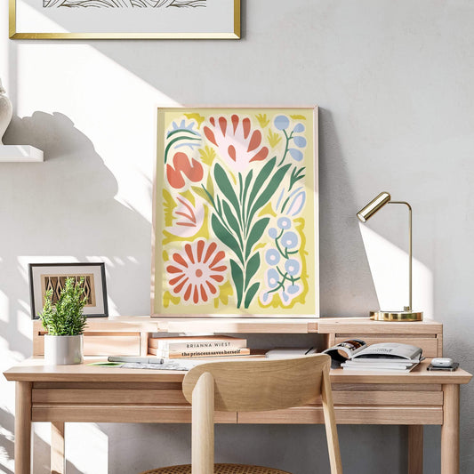 Blooming Harmony Print elegantly framed, displayed in a minimalist room with natural sunlight.
