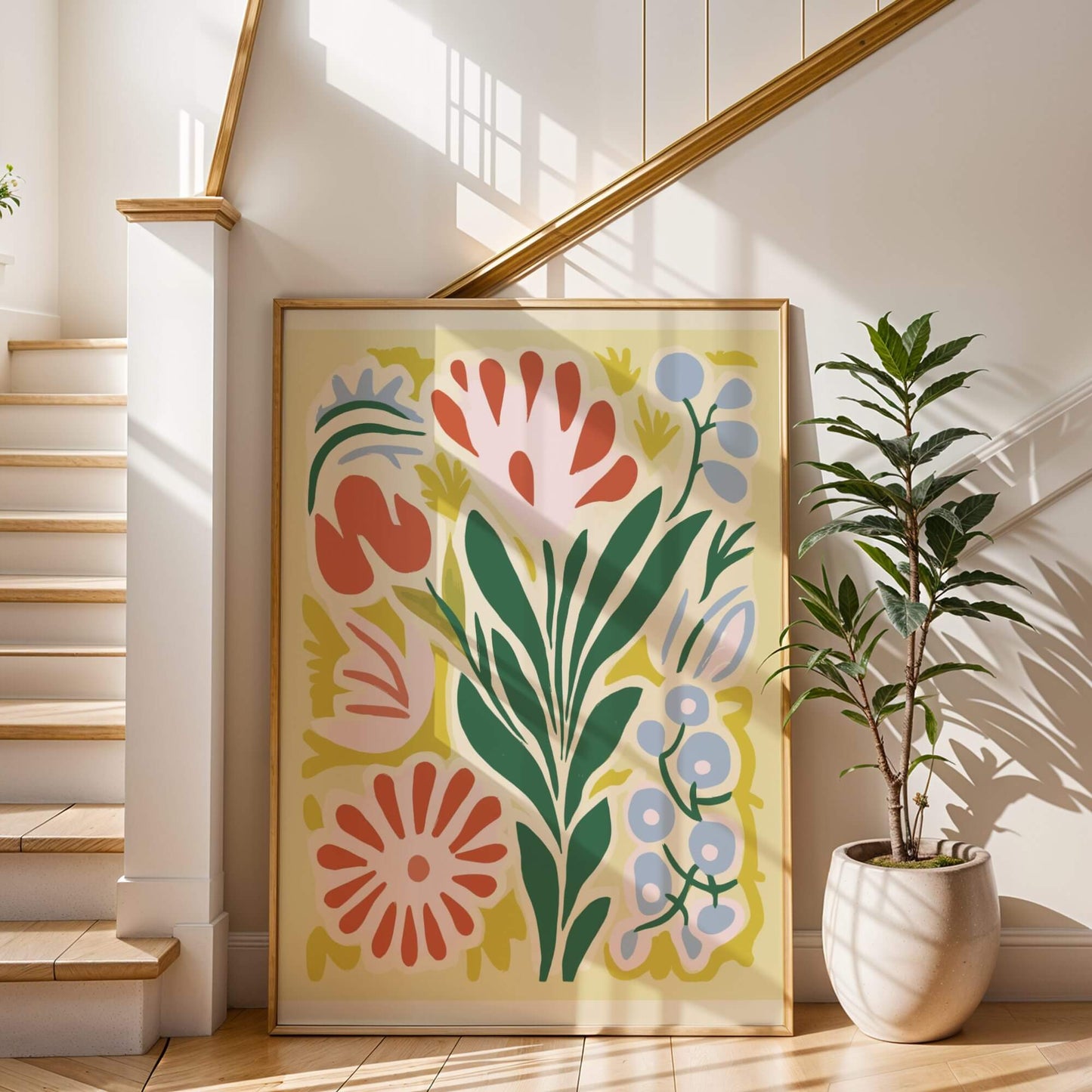 Large Blooming Harmony Print styled near a staircase, adding a fresh, lively touch to the space.
