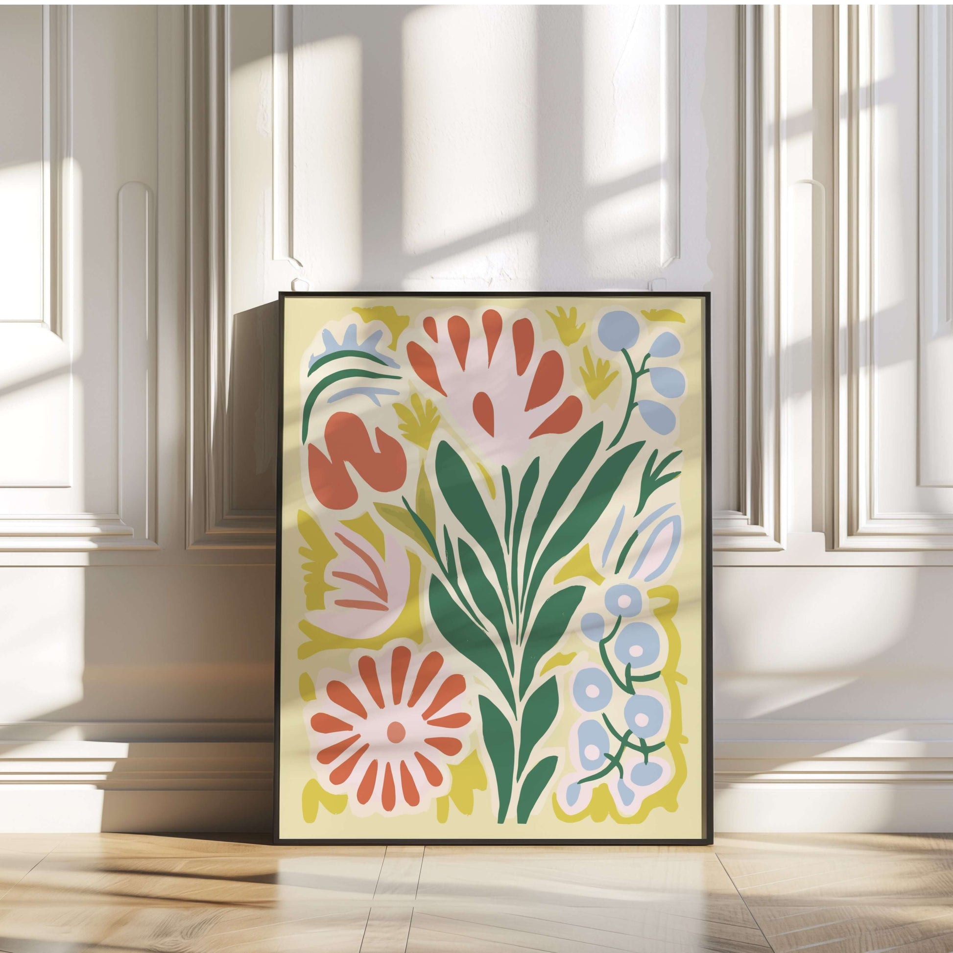 Blooming Harmony abstract floral print, ready to hang, featuring a dynamic mix of colorful flowers and foliage.
