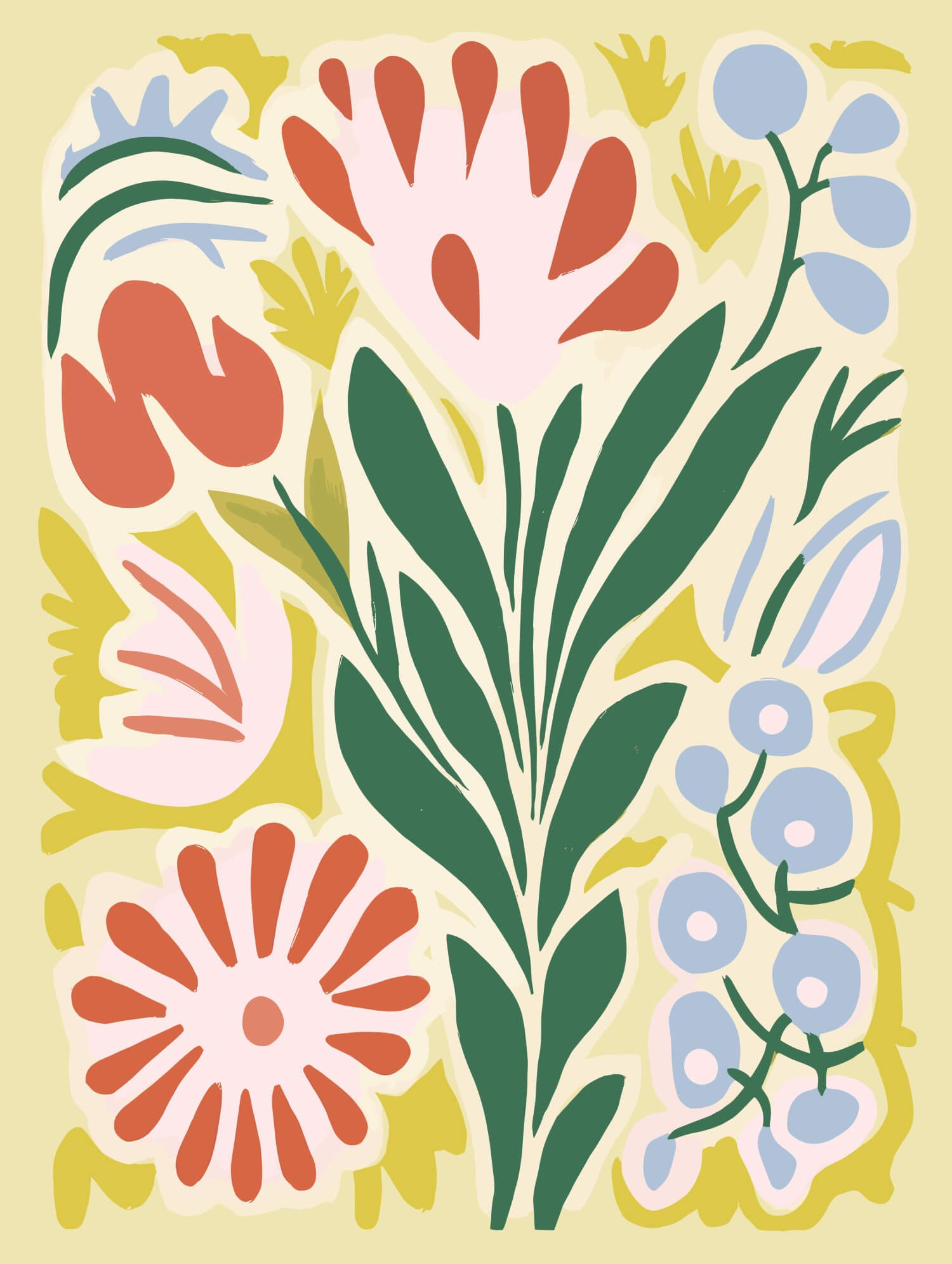 Abstract floral print with vibrant green leaves, soft pink, red, and blue flowers set against a light yellow background.
