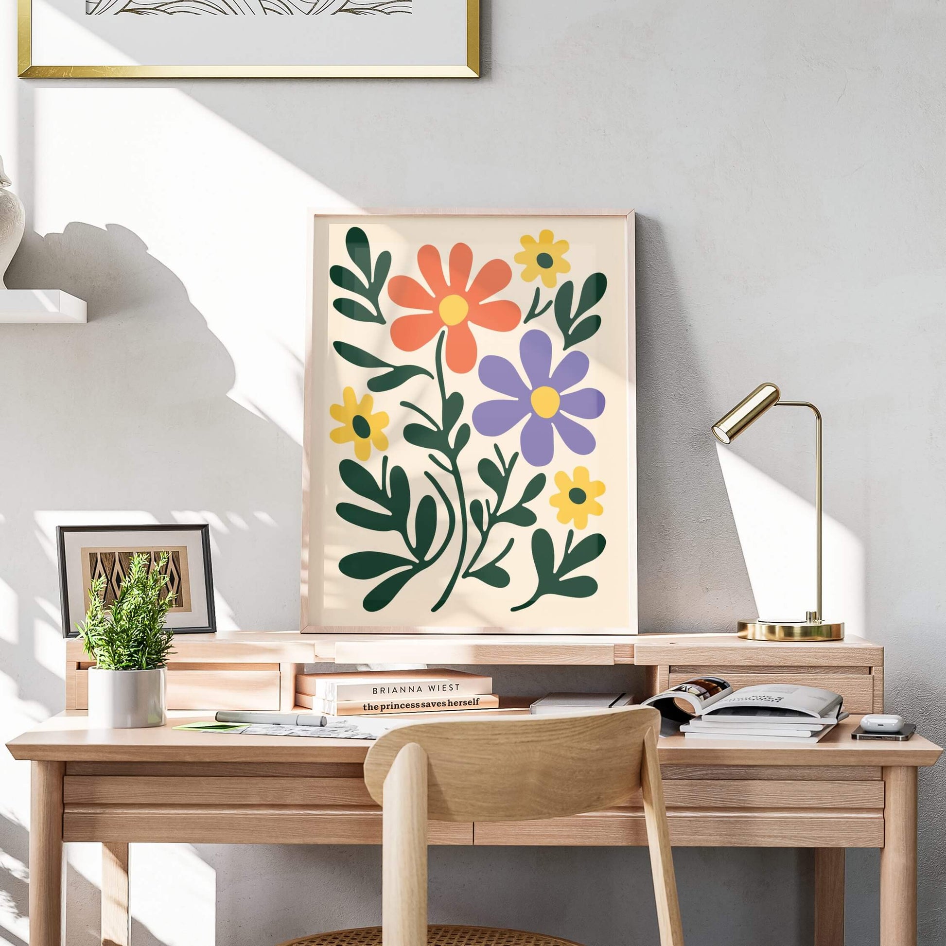 Framed floral print with white borders, displayed elegantly on a wall, enhancing modern decor.
