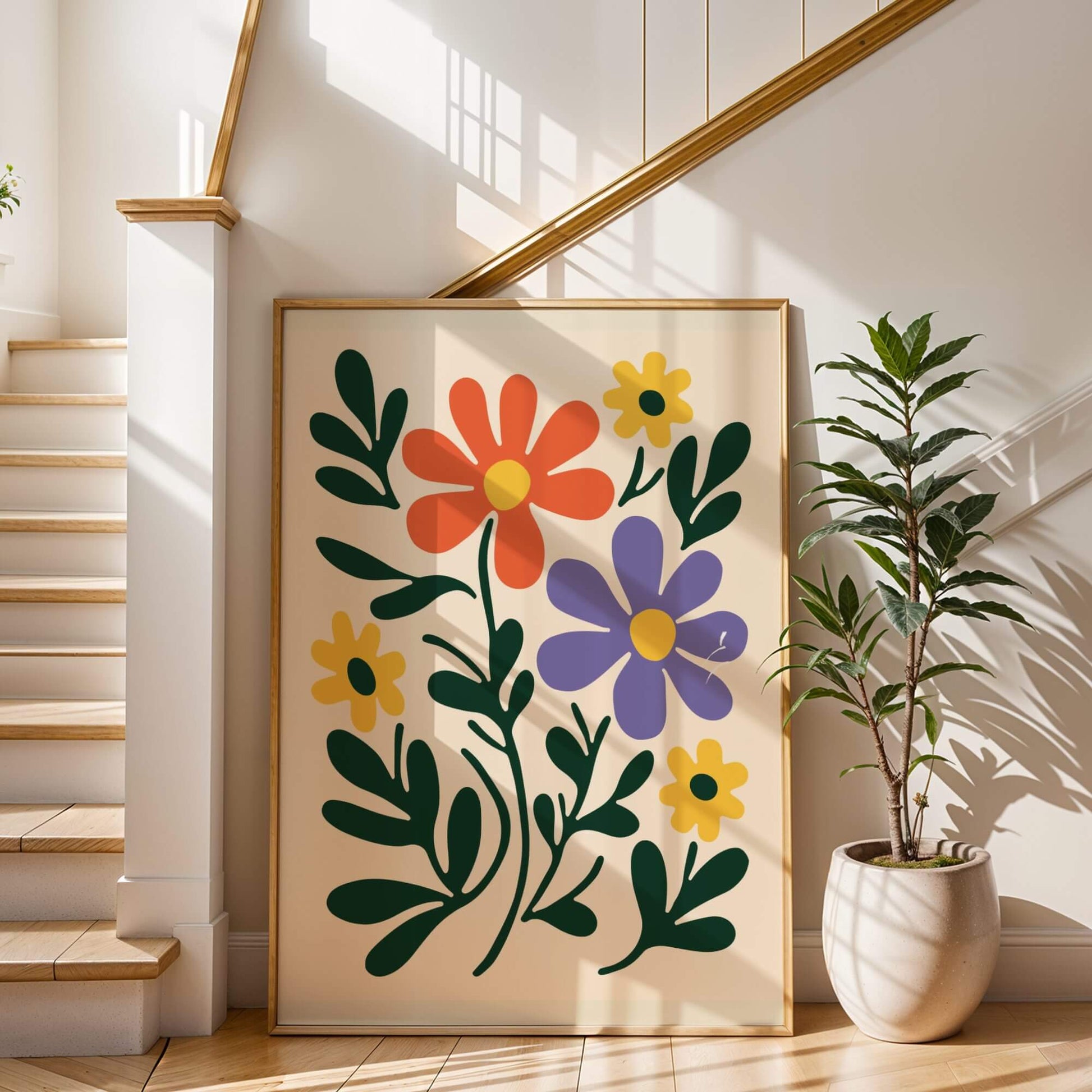 Large framed version of the floral print, leaning against a staircase, bathed in natural light.
