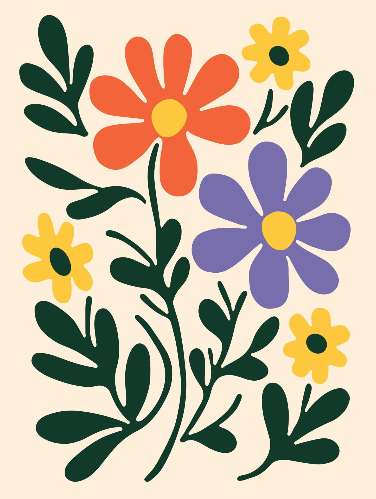 A vibrant floral print featuring bold orange, purple, and yellow flowers with dark green leaves, set against a light background.
