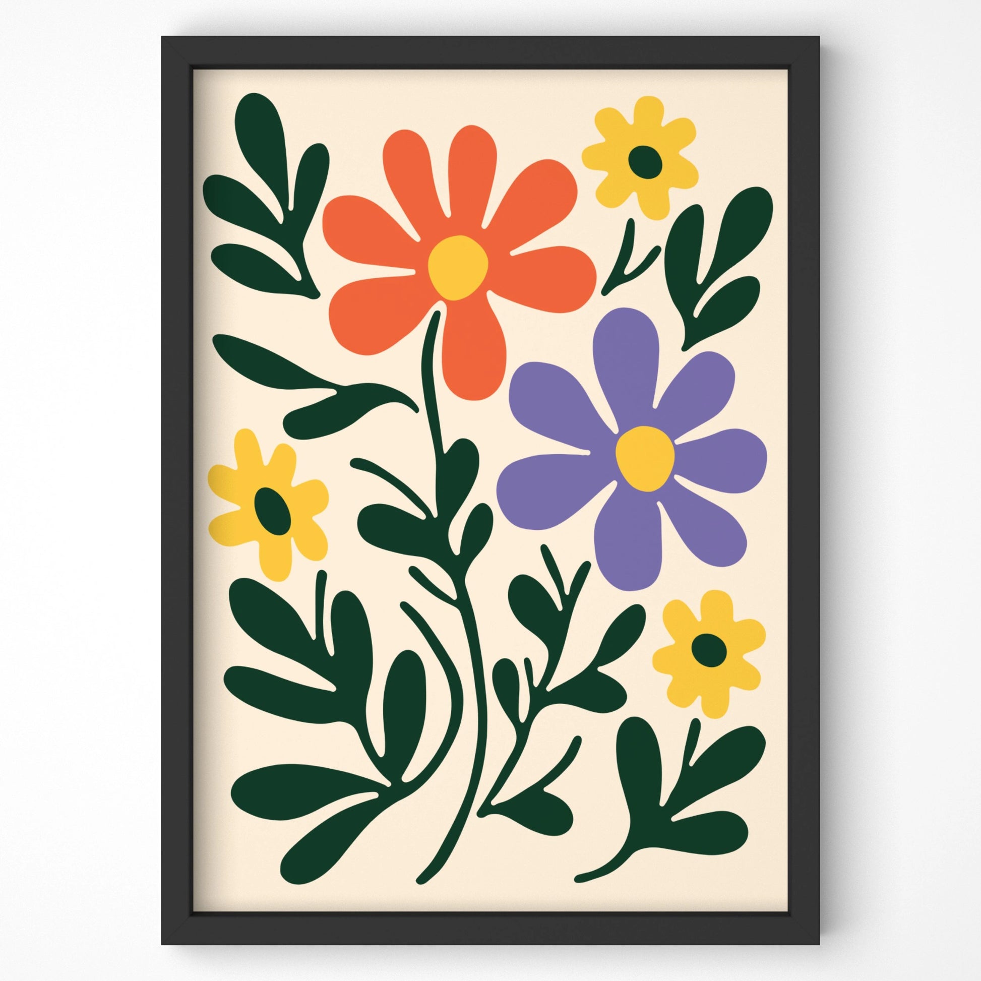 A vibrant floral print featuring bold orange, purple, and yellow flowers with dark green leaves, set against a light background.
