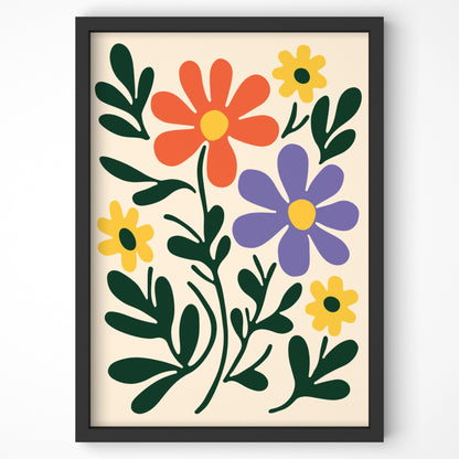 A vibrant floral print featuring bold orange, purple, and yellow flowers with dark green leaves, set against a light background.
